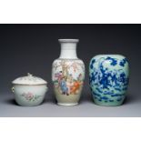 A Chinese famille rose covered bowl, a vase and a blue and white celadon-ground jar, 19/20th C.