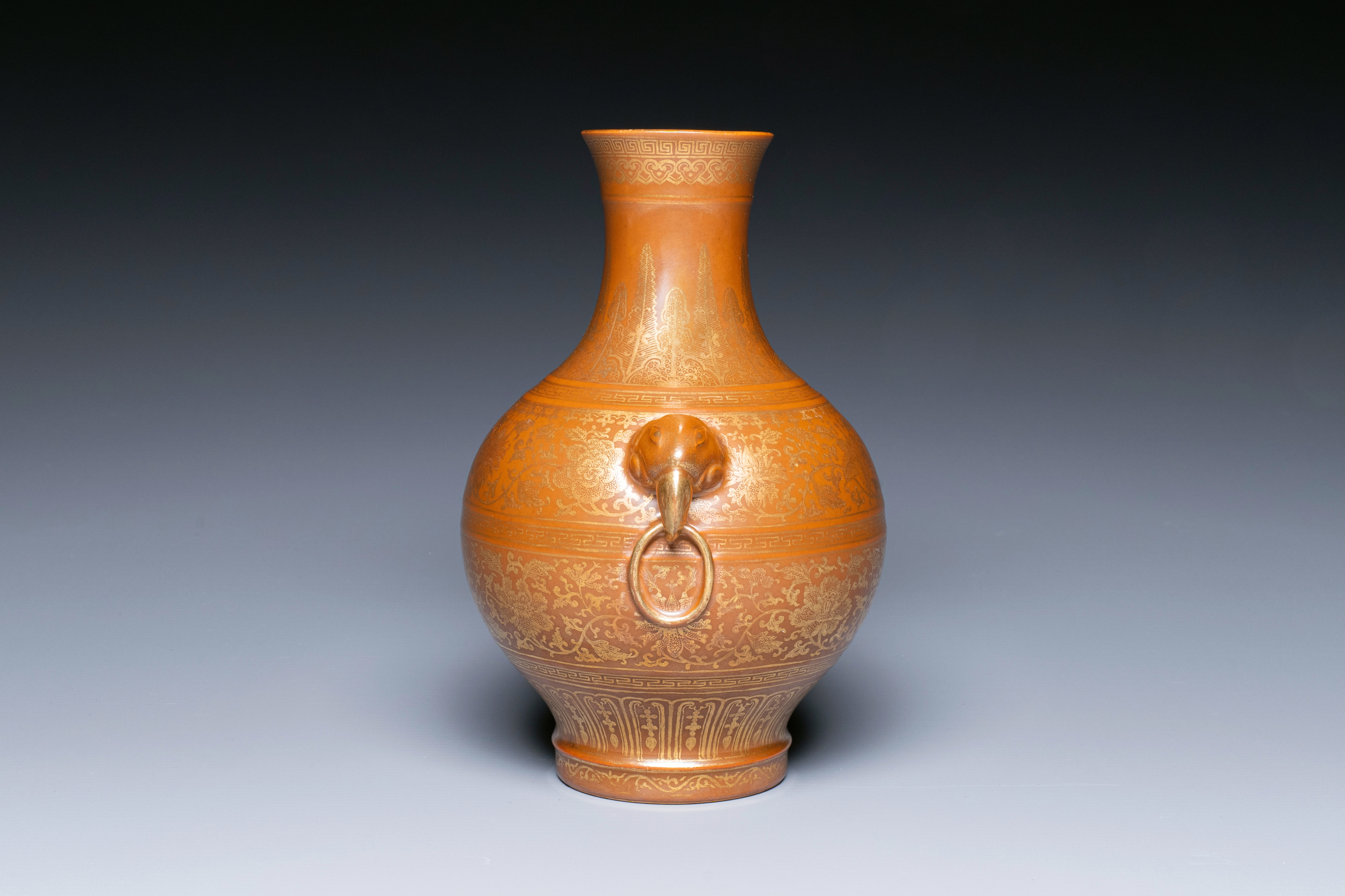 A Chinese brown-glazed 'hu' vase with gilt flower scrolls, Jiaqing mark and of the period - Image 4 of 6