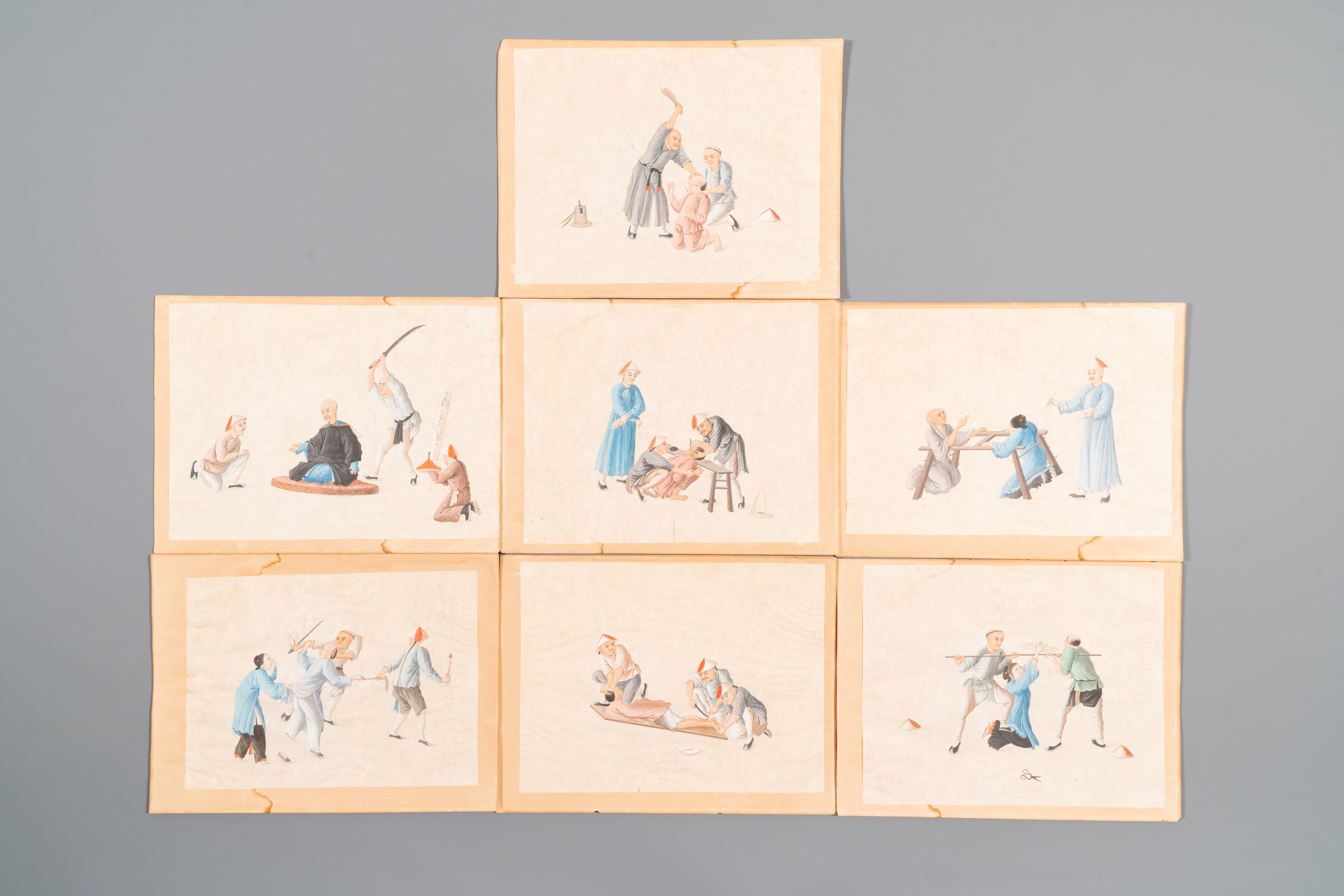 Ten Chinese Canton rice paper paintings of punishments, 19th C. - Image 2 of 3