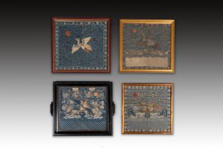 Four framed Chinese gold-thread-embroidered silk 'rank badges', 19th C.