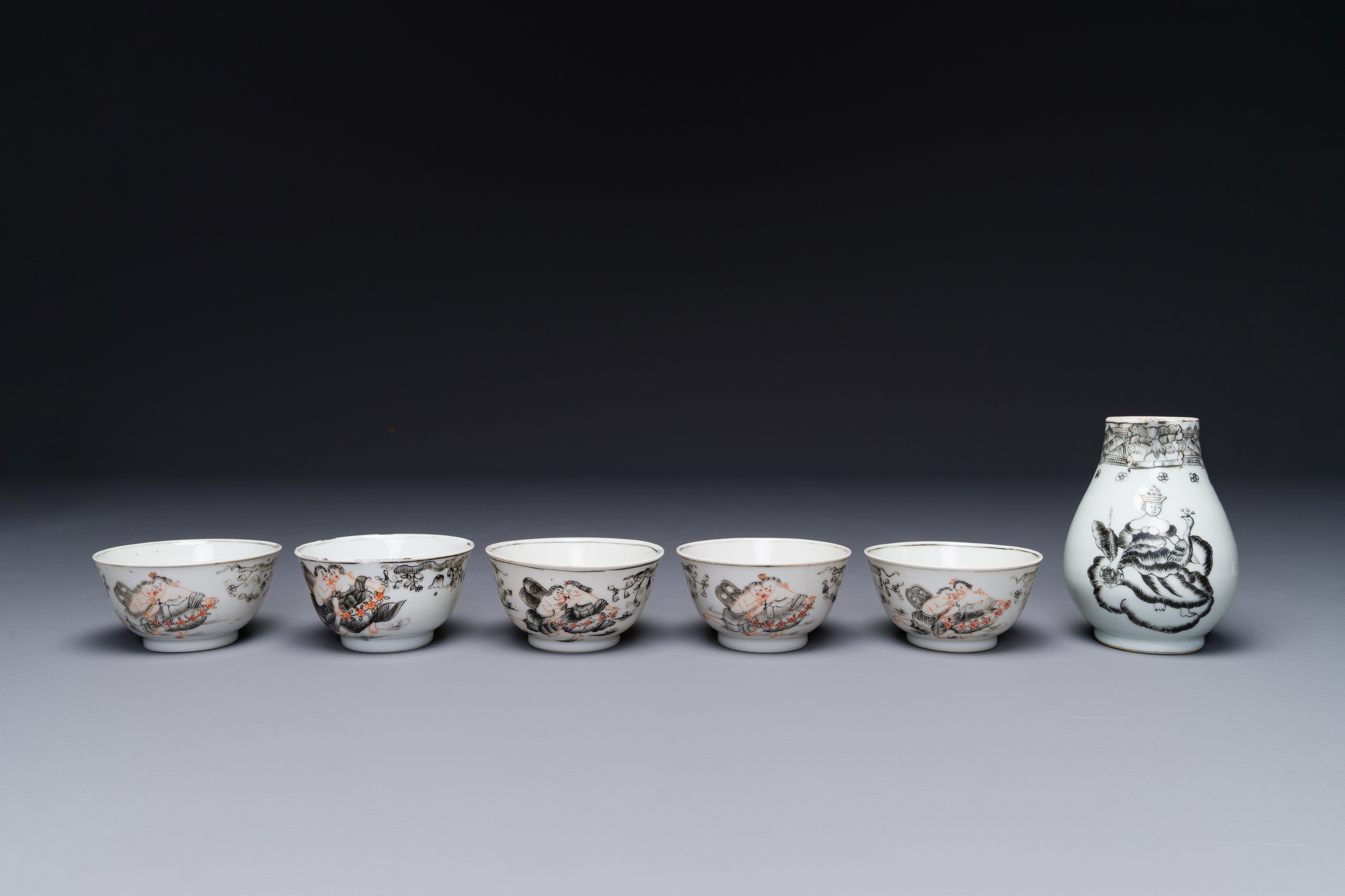 Five Chinese export grisaille cups and a milk jug, Qianlong - Image 2 of 5