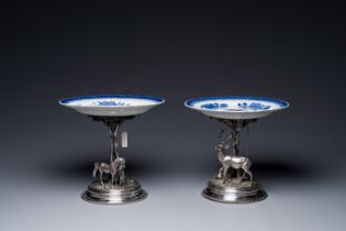 A pair of Chinese blue and white plates with silver-plated mounts, Jiaqing, Alpaca Berndorf