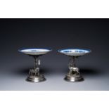 A pair of Chinese blue and white plates with silver-plated mounts, Jiaqing, Alpaca Berndorf