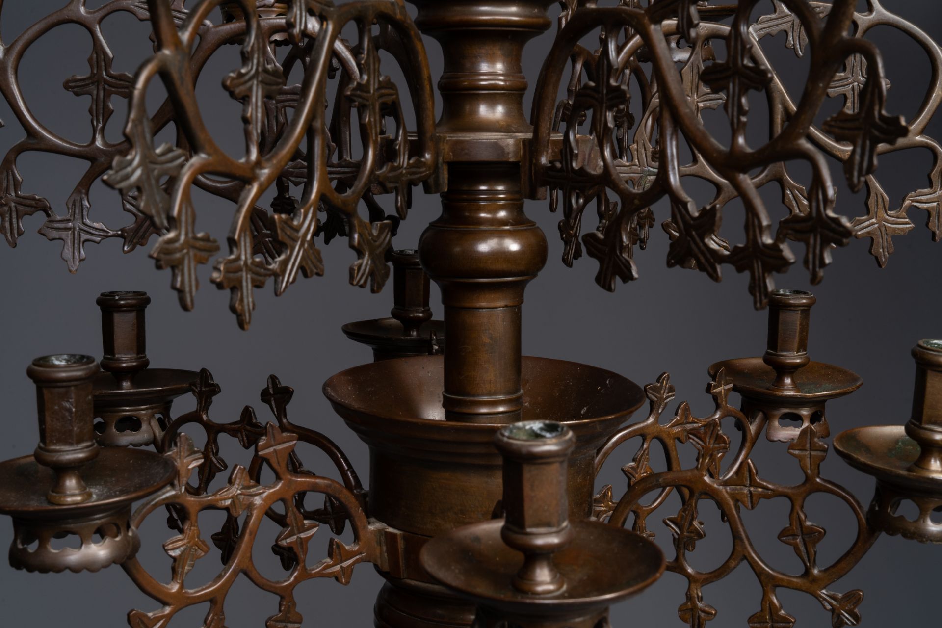 A Flemish or Dutch bronze Gothic Revival large bronze 'Madonna and Child' chandelier, 19th C. - Image 5 of 8