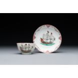 A rare Chinese famille rose 'European merchant ship' cup and saucer, Qianlong