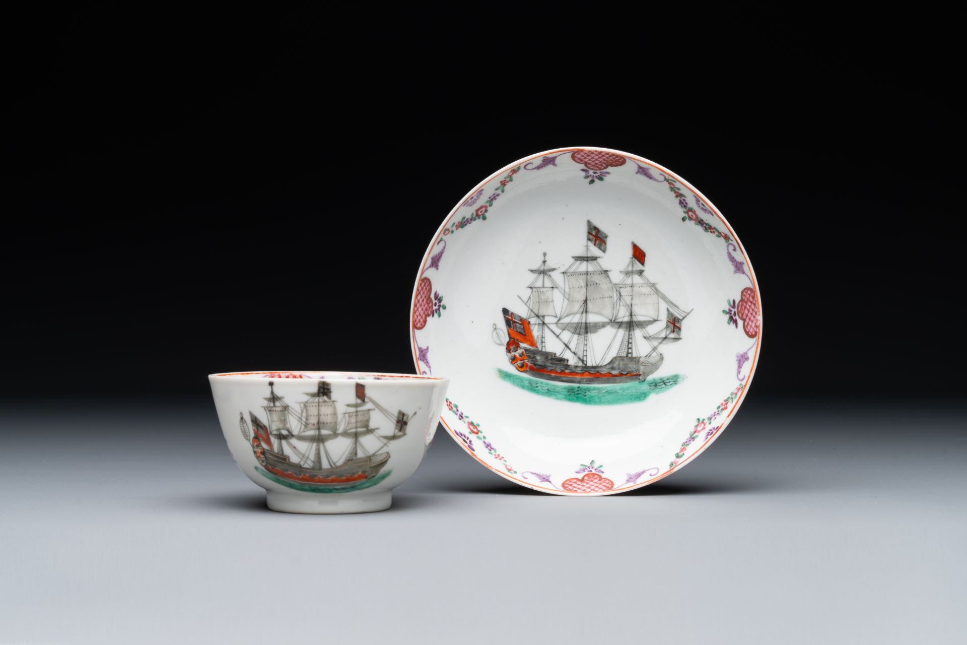 A rare Chinese famille rose 'European merchant ship' cup and saucer, Qianlong