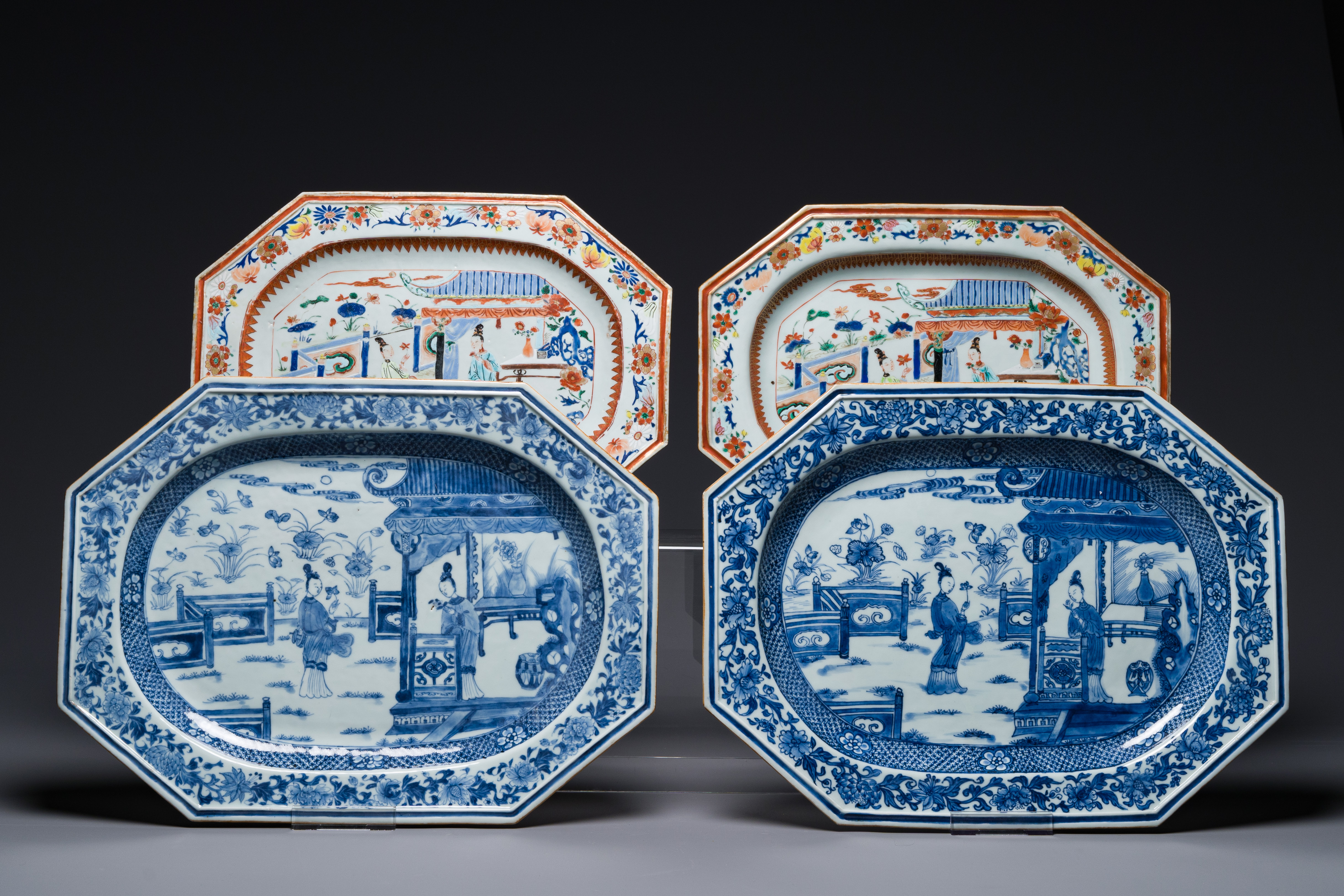 A pair of octagonal Chinese blue and white 'Xi Xiang Ji' dishes and a pair of famille rose dishes, Y - Image 2 of 6