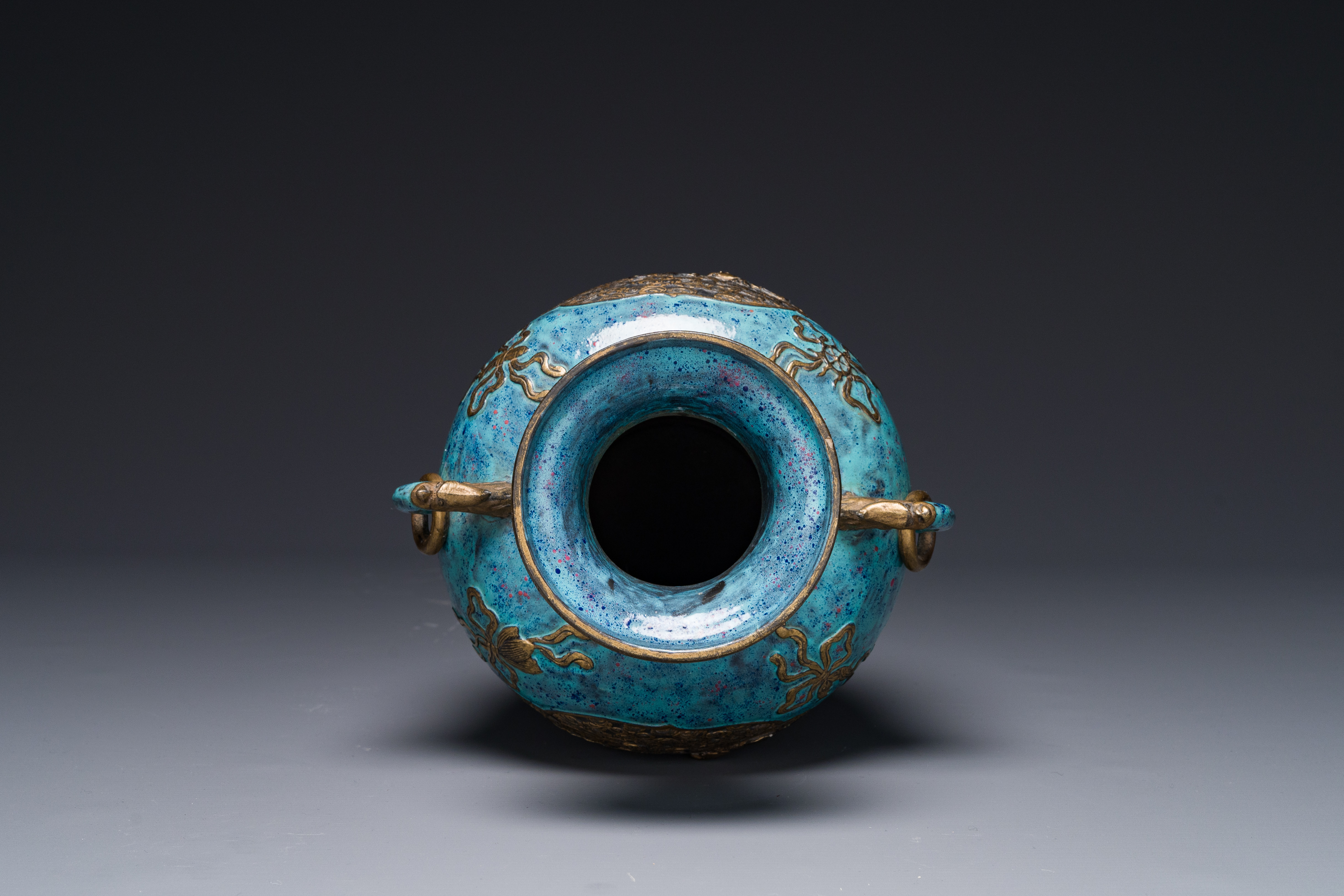 A Chinese 'robin's egg and imitation bronze'-glazed 'hu' vase, Qianlong mark, 19th C. - Image 4 of 5