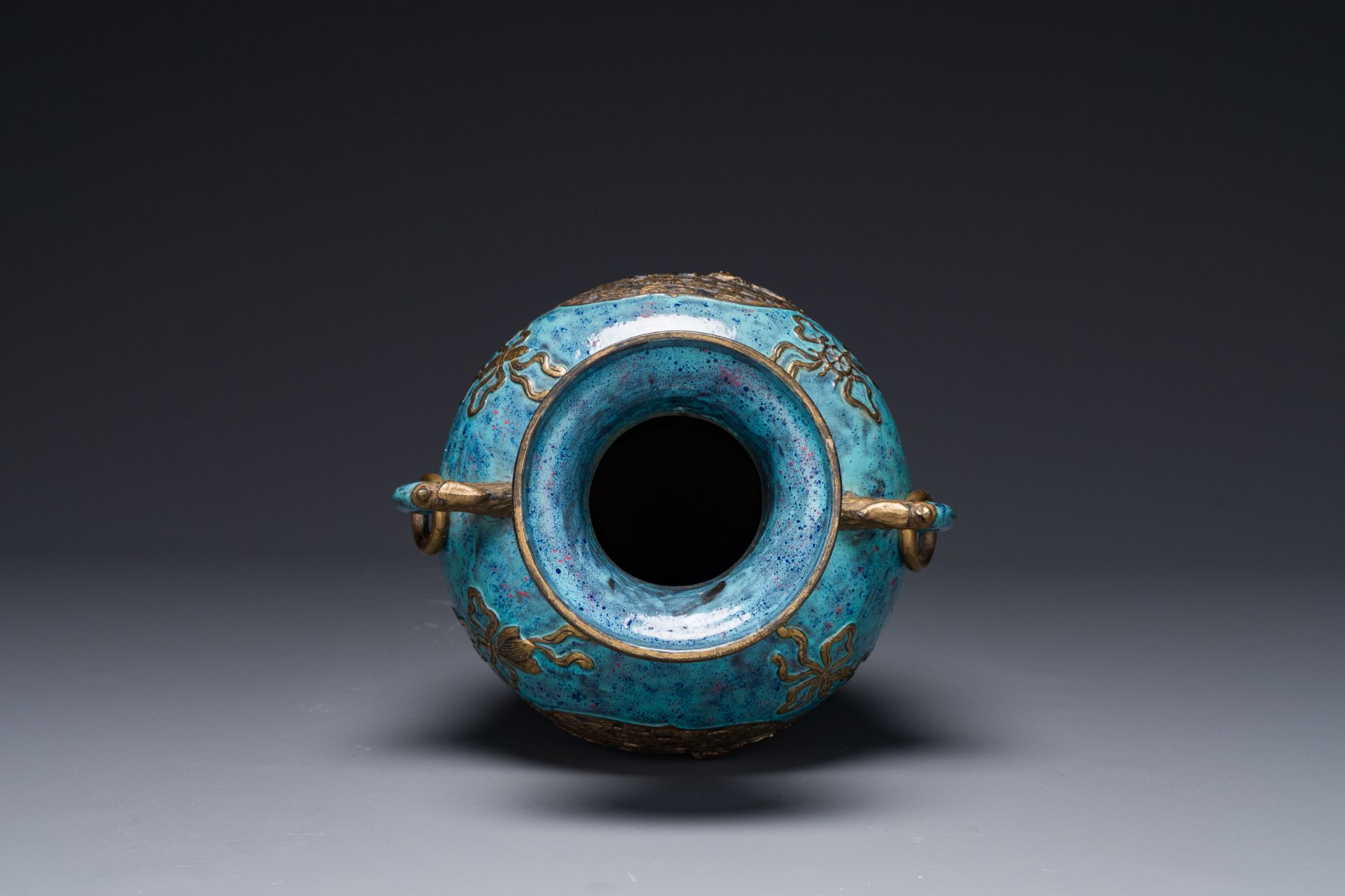 A Chinese 'robin's egg and imitation bronze'-glazed 'hu' vase, Qianlong mark, 19th C. - Image 4 of 5