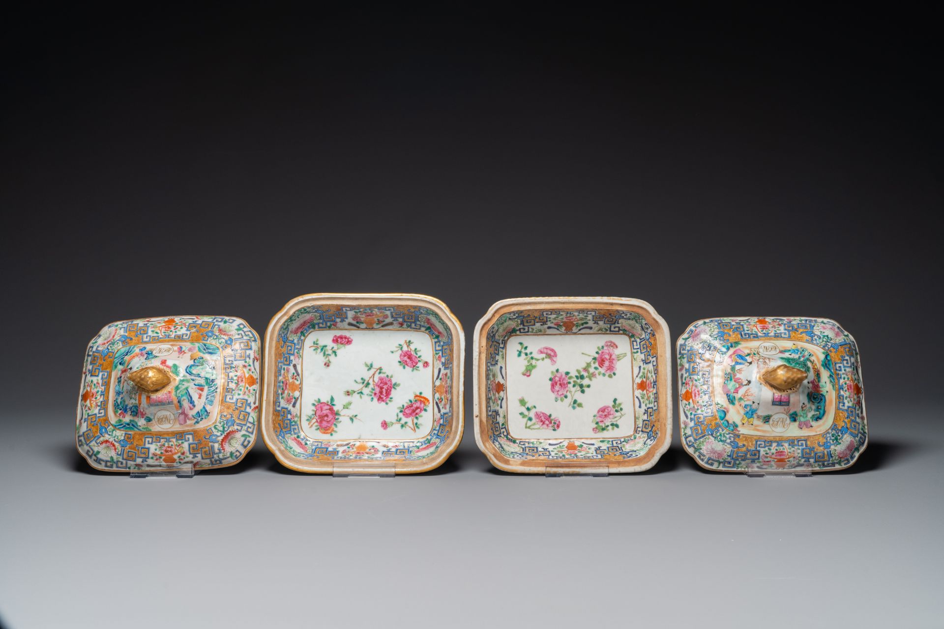 A pair of Chinese 'CSM' monogrammed Canton famille rose tureens and covers, 19th C. - Image 5 of 6