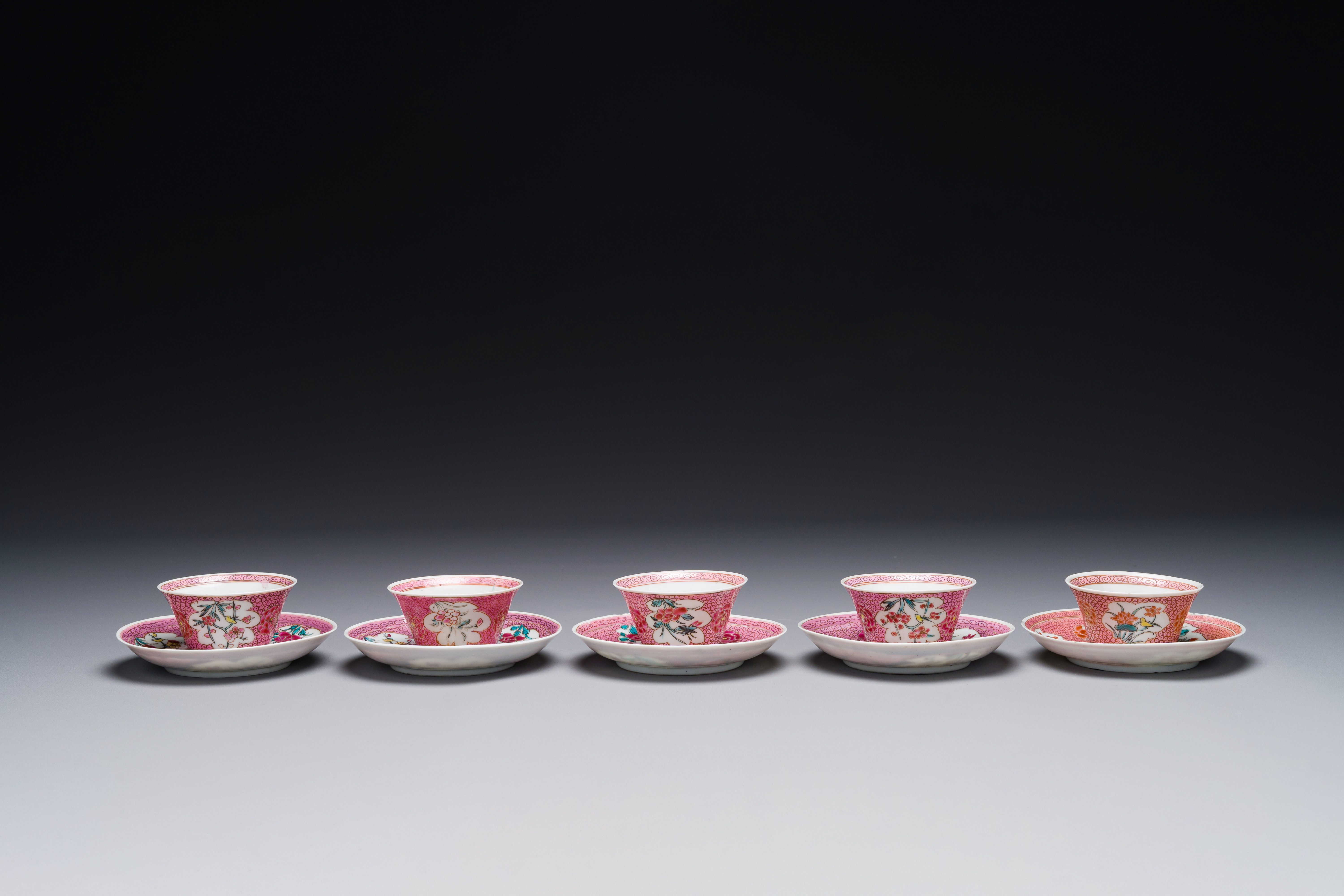 Five Chinese famille rose cups and saucers with figures, Yongzheng - Image 2 of 8