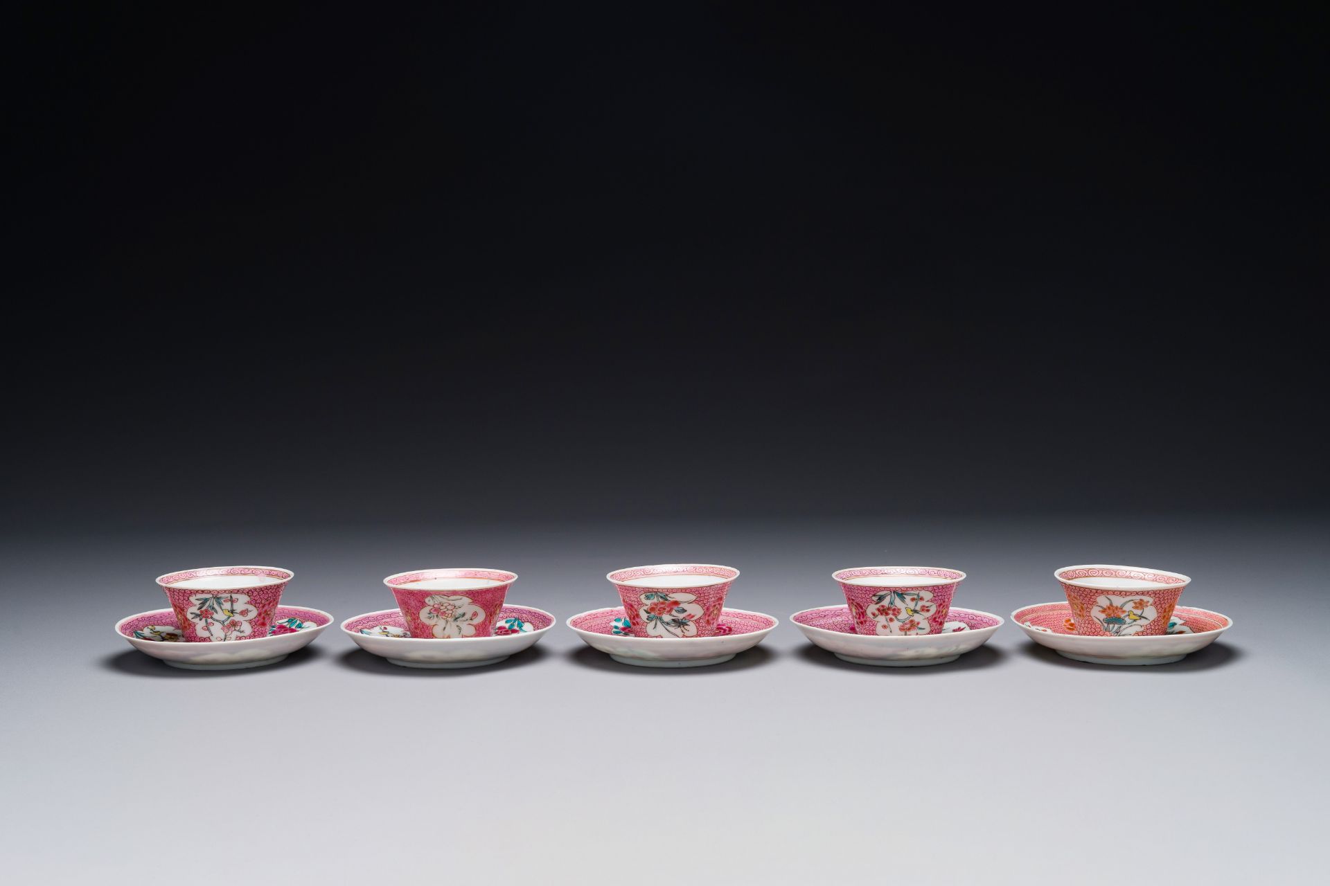 Five Chinese famille rose cups and saucers with figures, Yongzheng - Image 2 of 8