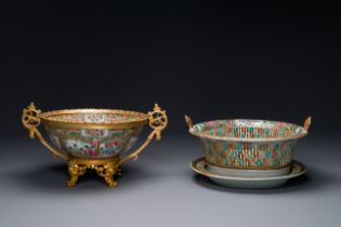 A Chinese Canton famille rose reticulated basket on stand and a bowl with gilt bronze mounts, 19th C