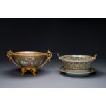 A Chinese Canton famille rose reticulated basket on stand and a bowl with gilt bronze mounts, 19th C