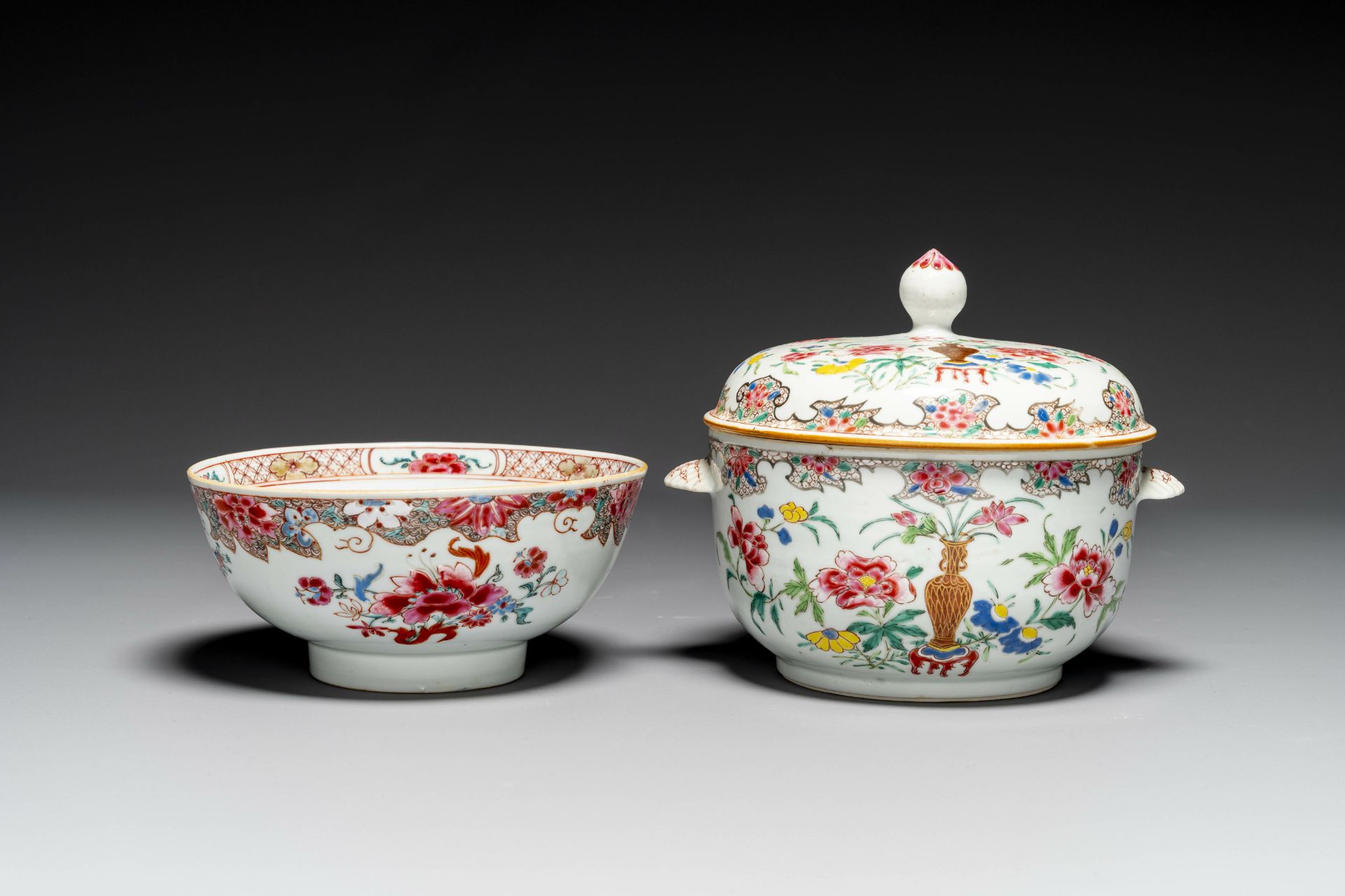 A Chinese famille rose bowl and a covered tureen, Yongzheng/Qianlong