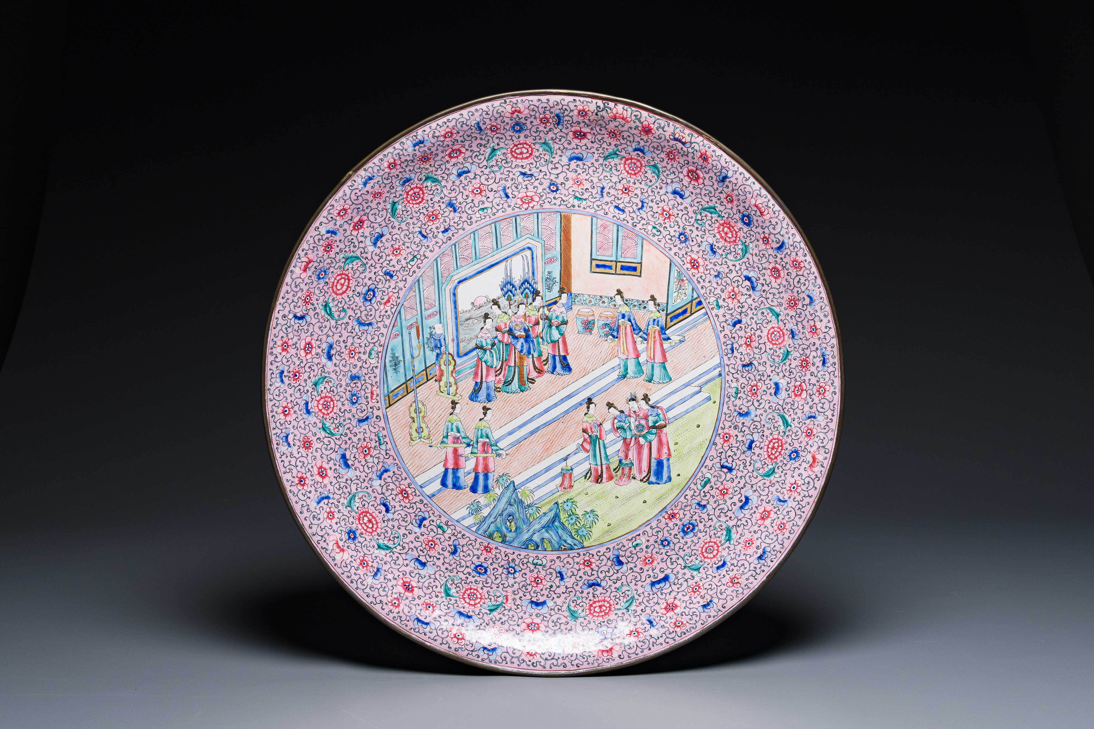 A large Chinese Canton enamel dish with narrative design, 19th C