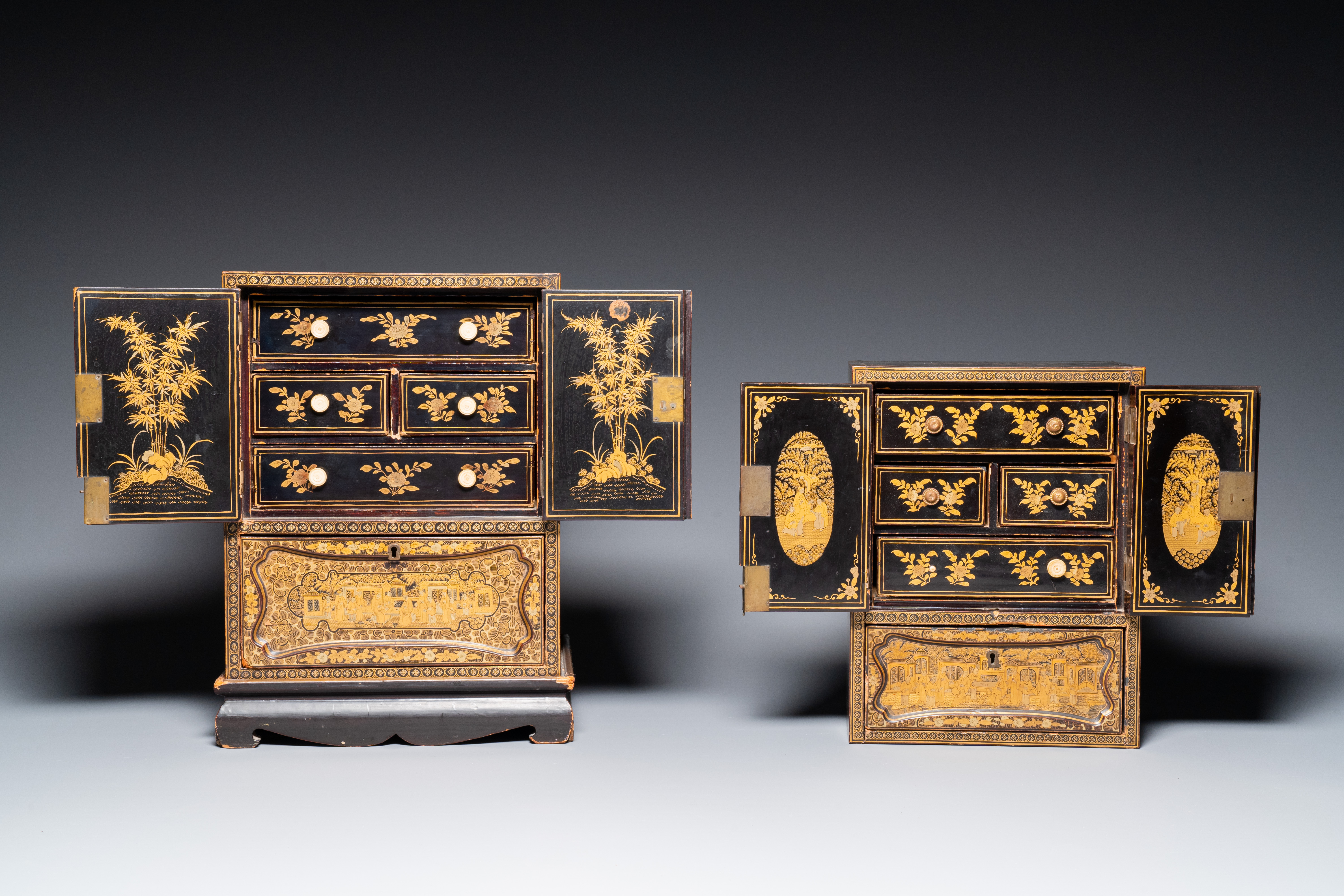 Two Chinese Canton gilt black lacquer miniature cabinets and a box, 19th C. - Image 10 of 10