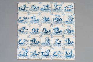 An exceptional set of 25 Dutch Delft blue and white tiles with fine sea monsters, Harlingen, Friesla