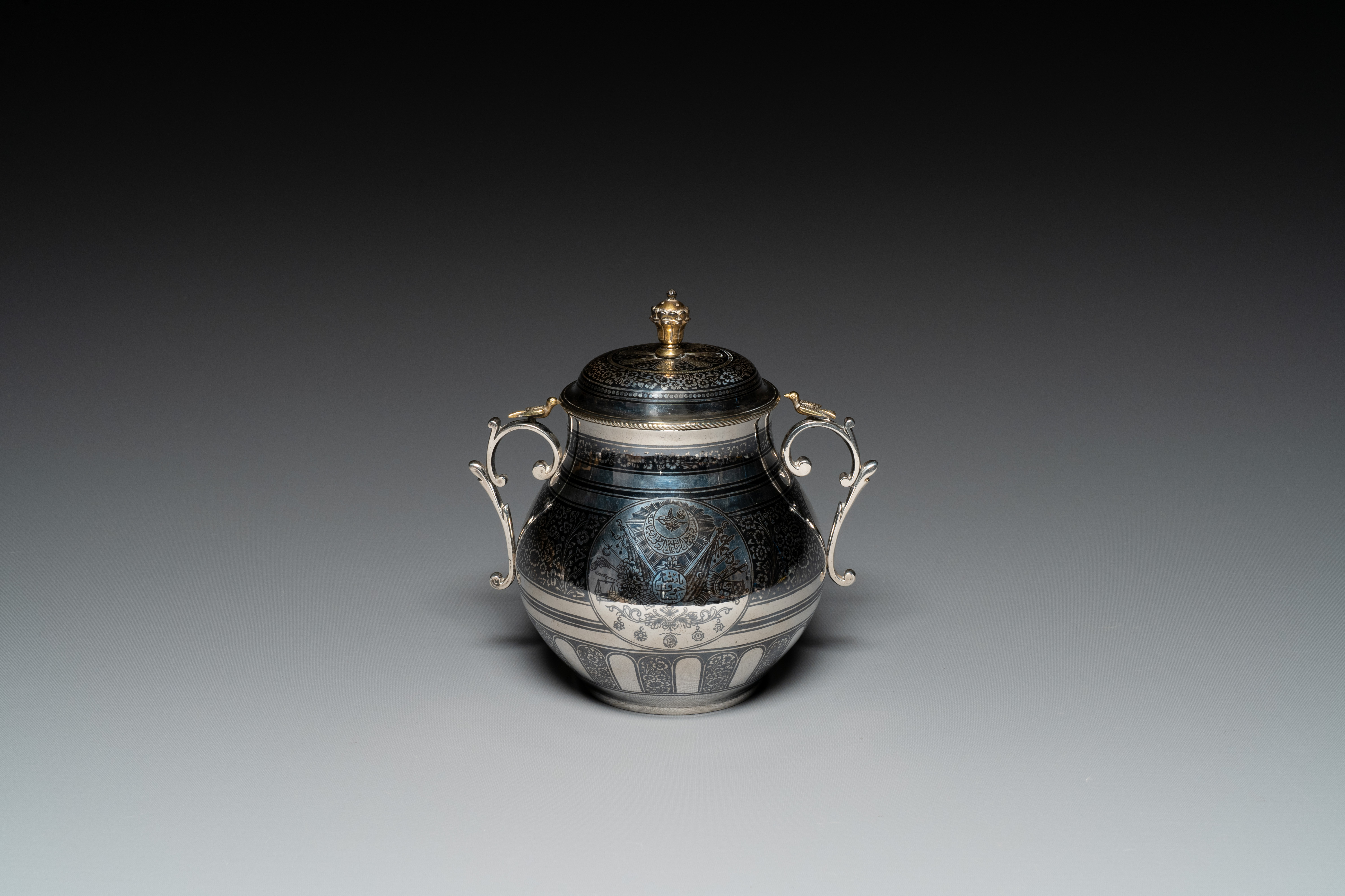 An Ottoman parcel-gilt niello silver vessel and cover, Turkey, period of Sultan Abdulhamid II (1876- - Image 3 of 6