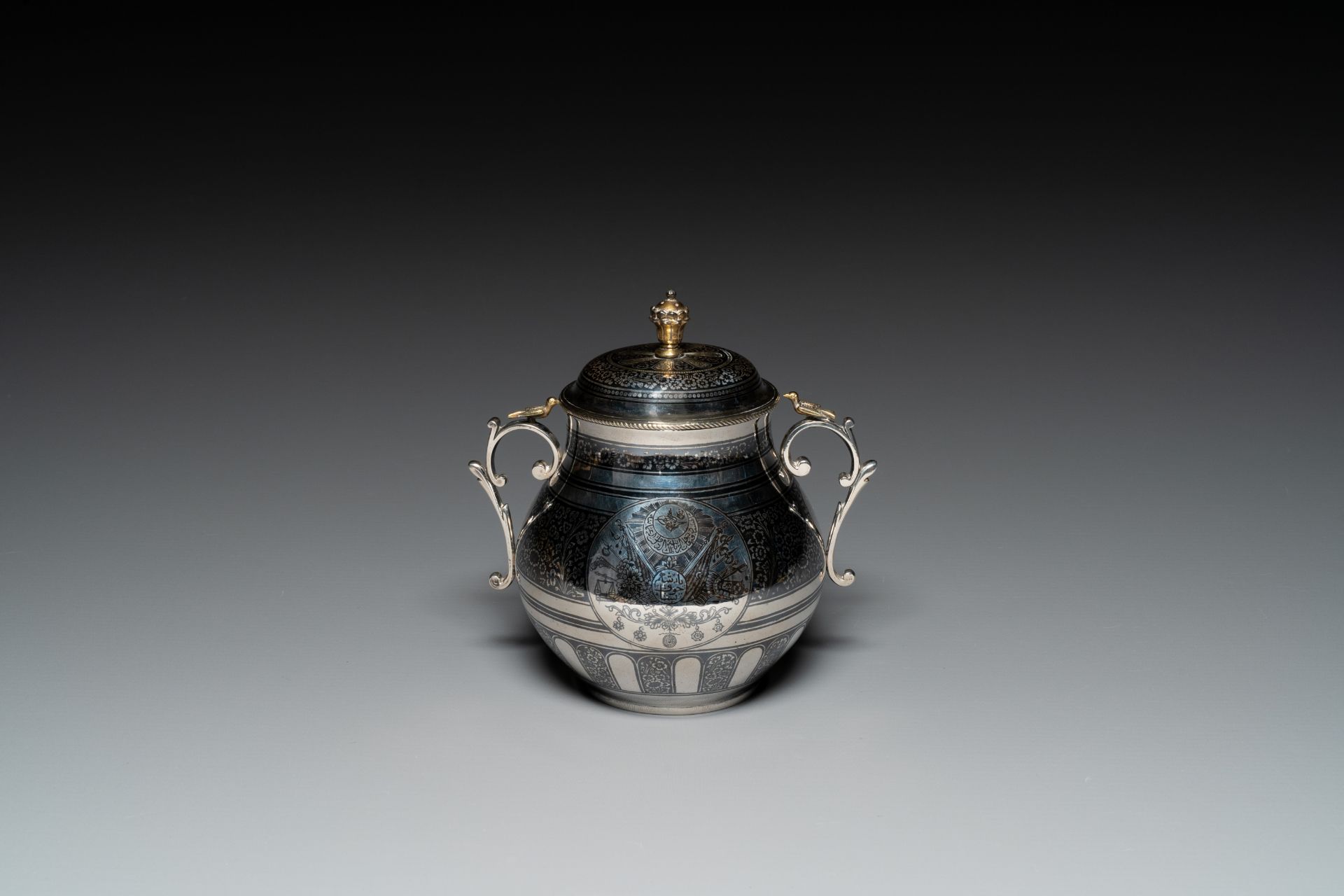 An Ottoman parcel-gilt niello silver vessel and cover, Turkey, period of Sultan Abdulhamid II (1876- - Image 3 of 6