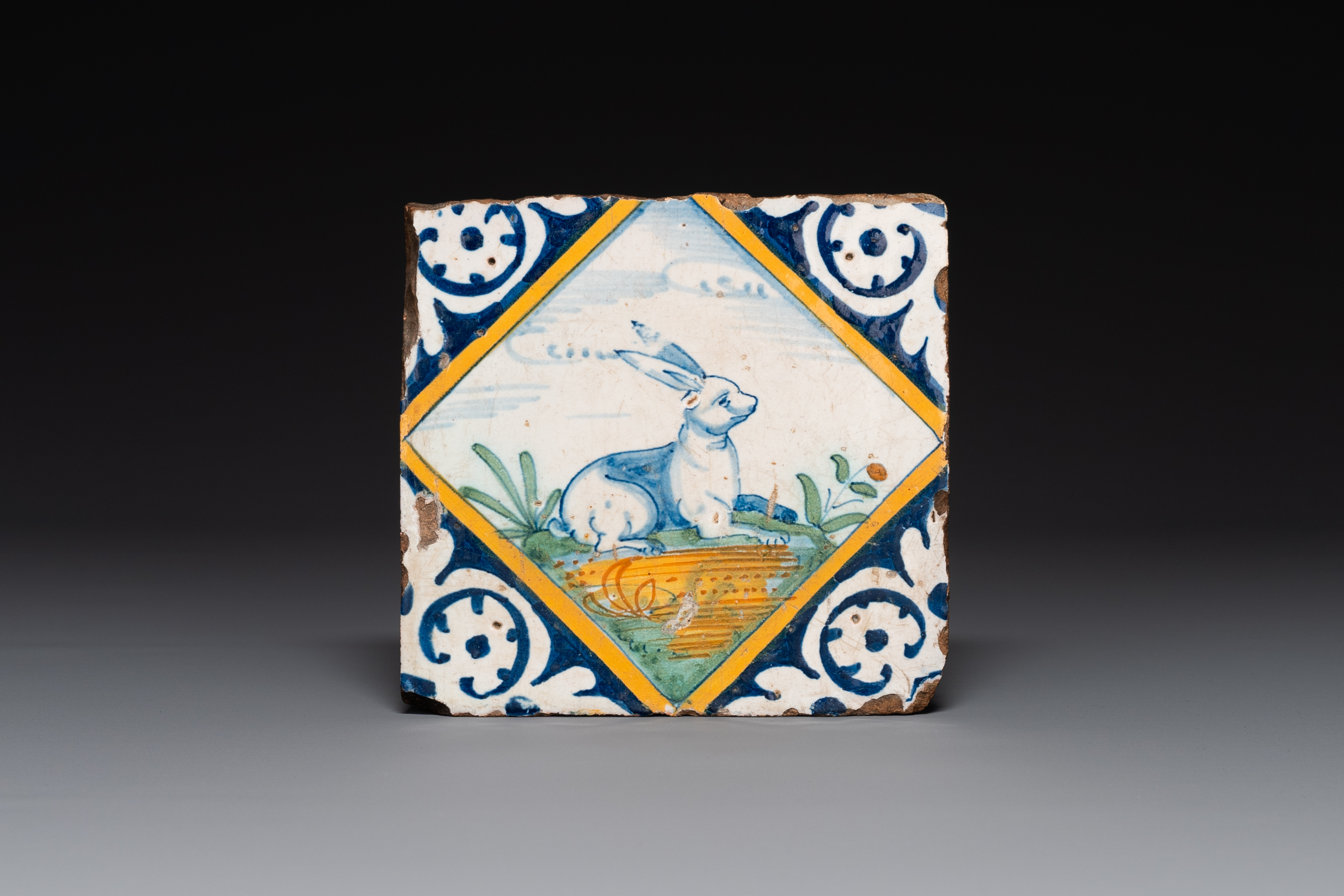 A polychrome Dutch Delft maiolica tile with a hare, ca. 1600