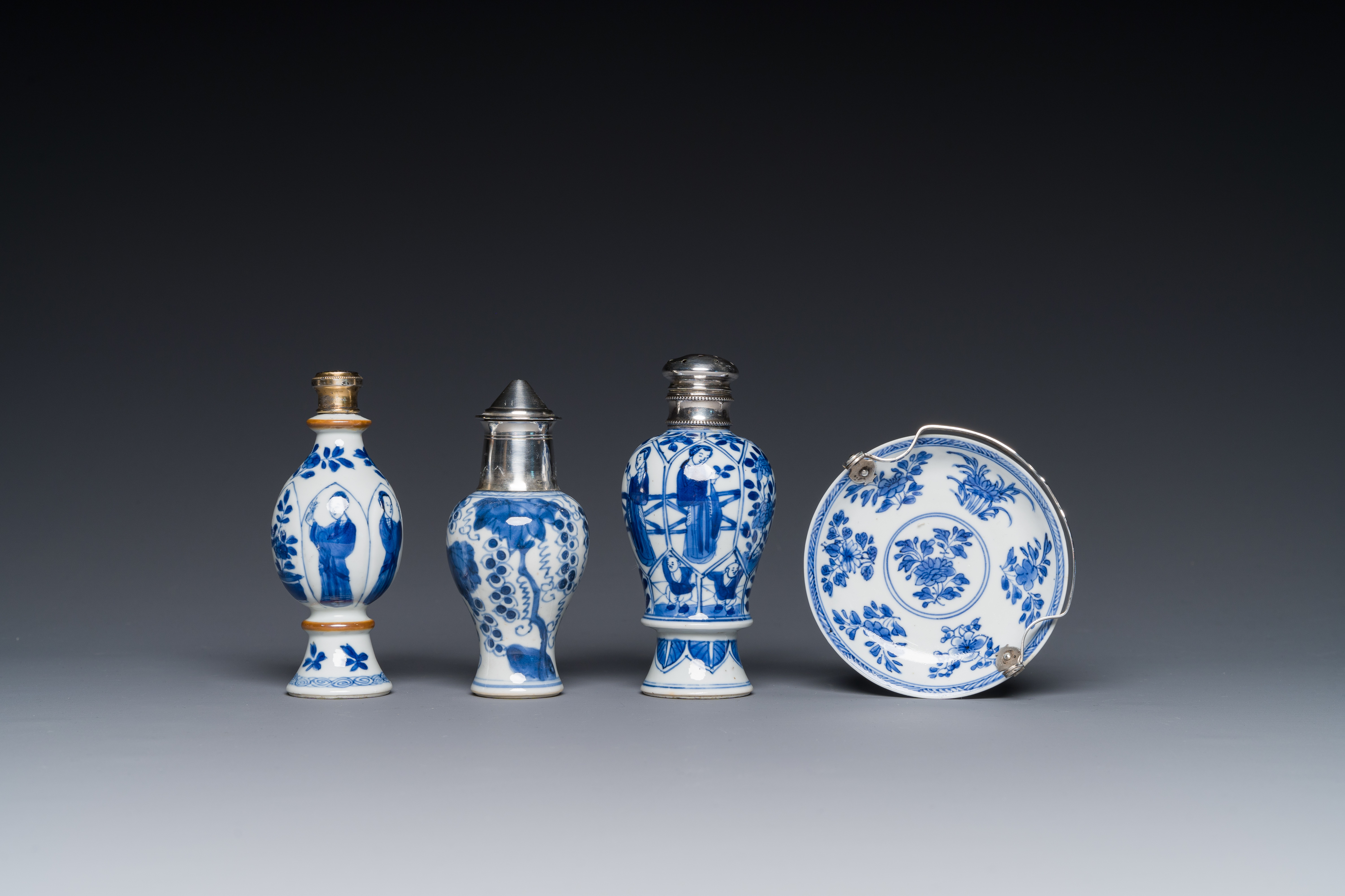 Four Chinese blue and white silver mounted porcelain, Kangxi