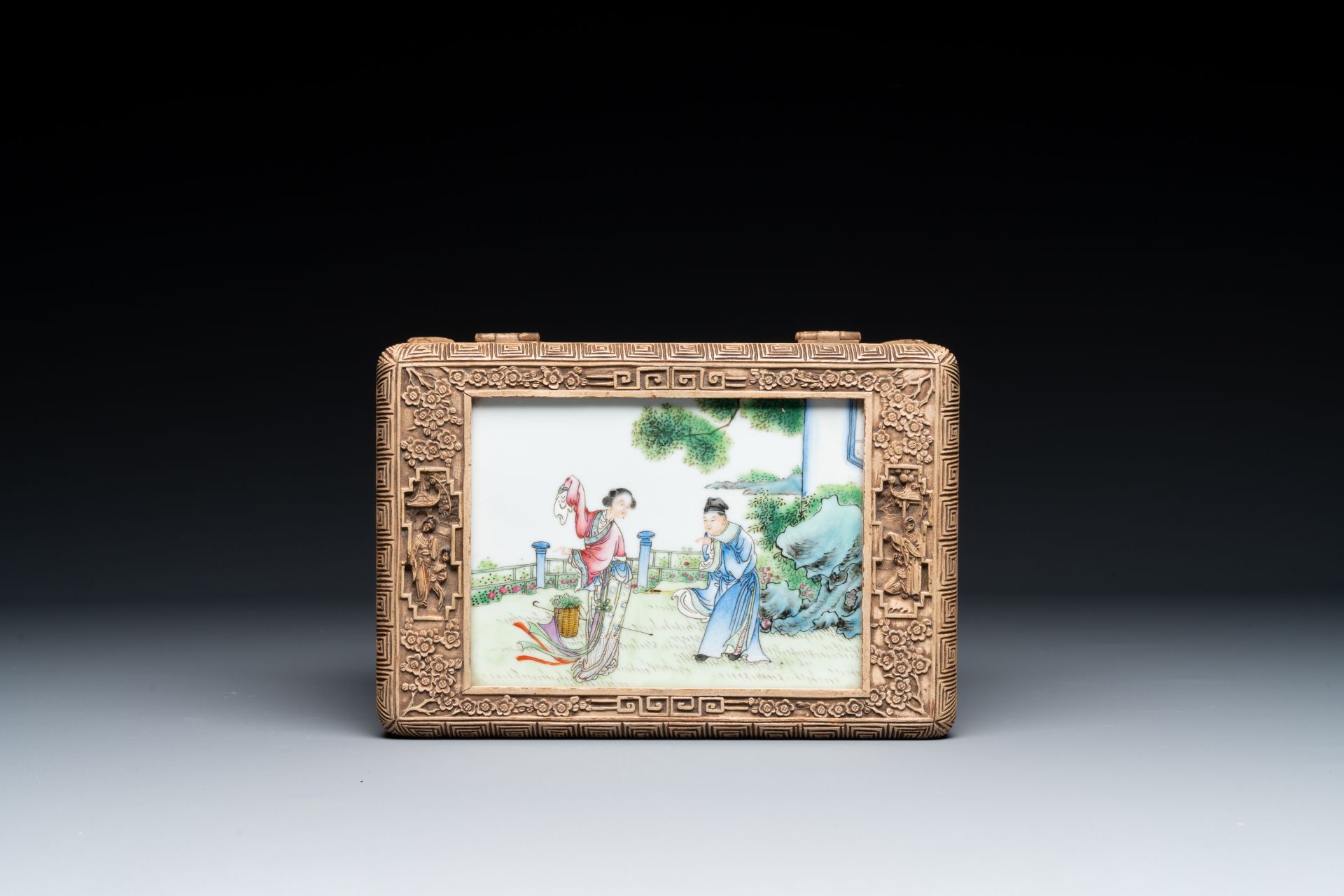 A Chinese Canton carved wooden casket with a famille rose plaque, Republic - Image 7 of 8