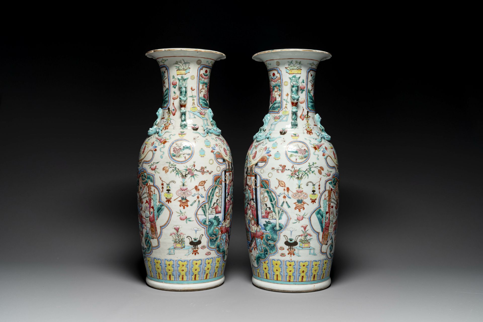 A pair of Chinese famille rose vases with narrative design, 19th C. - Image 2 of 6