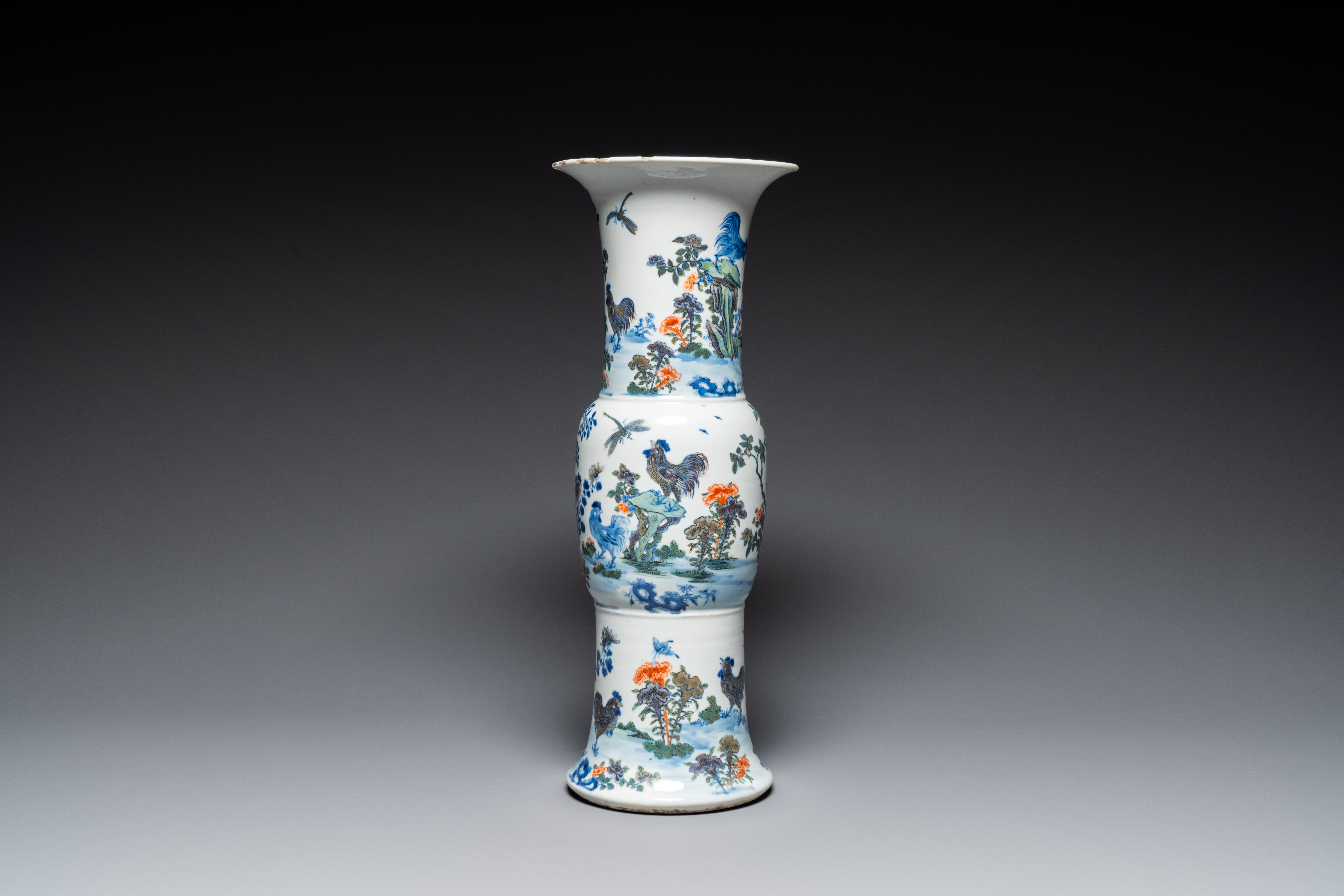 A Chinese doucai 'gu' vase with roosters, Qianlong mark, 19th C - Image 4 of 6