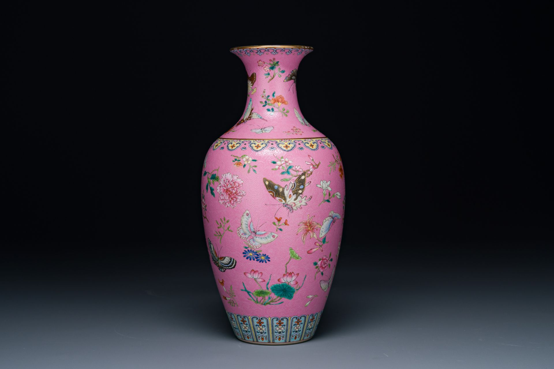 A Chinese pink-sgraffito-ground famille rose 'butterfly' vase, Qianlong mark and possibly of the per - Image 5 of 8