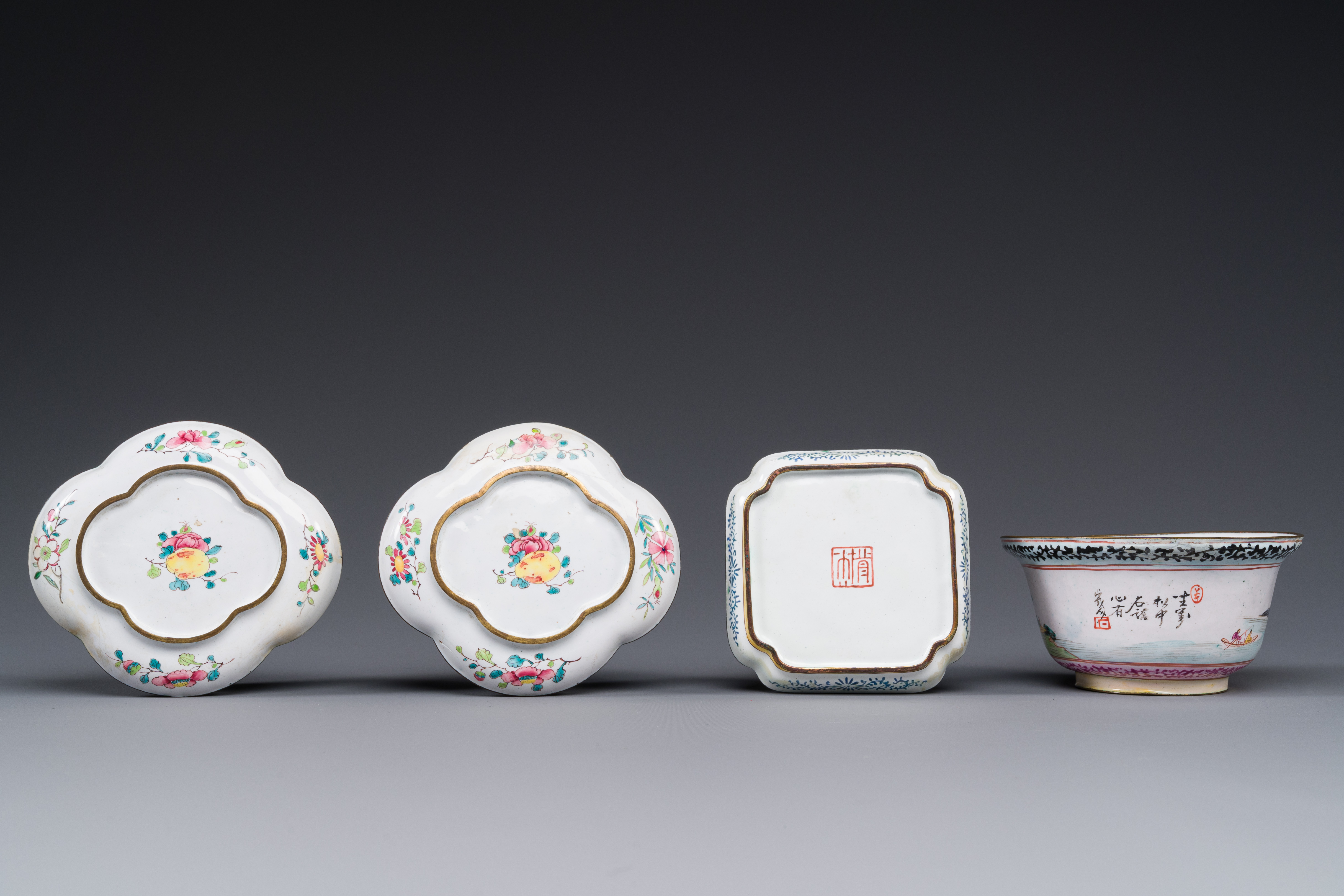 Three Chinese Canton enamel saucers and a bowl, Shangxin èµå¿ƒ mark, Yongzheng/Qianlong - Image 3 of 3