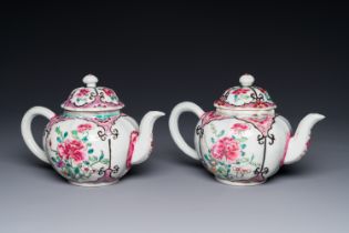 A pair of Chinese famille rose teapots with floral decor, Qianlong