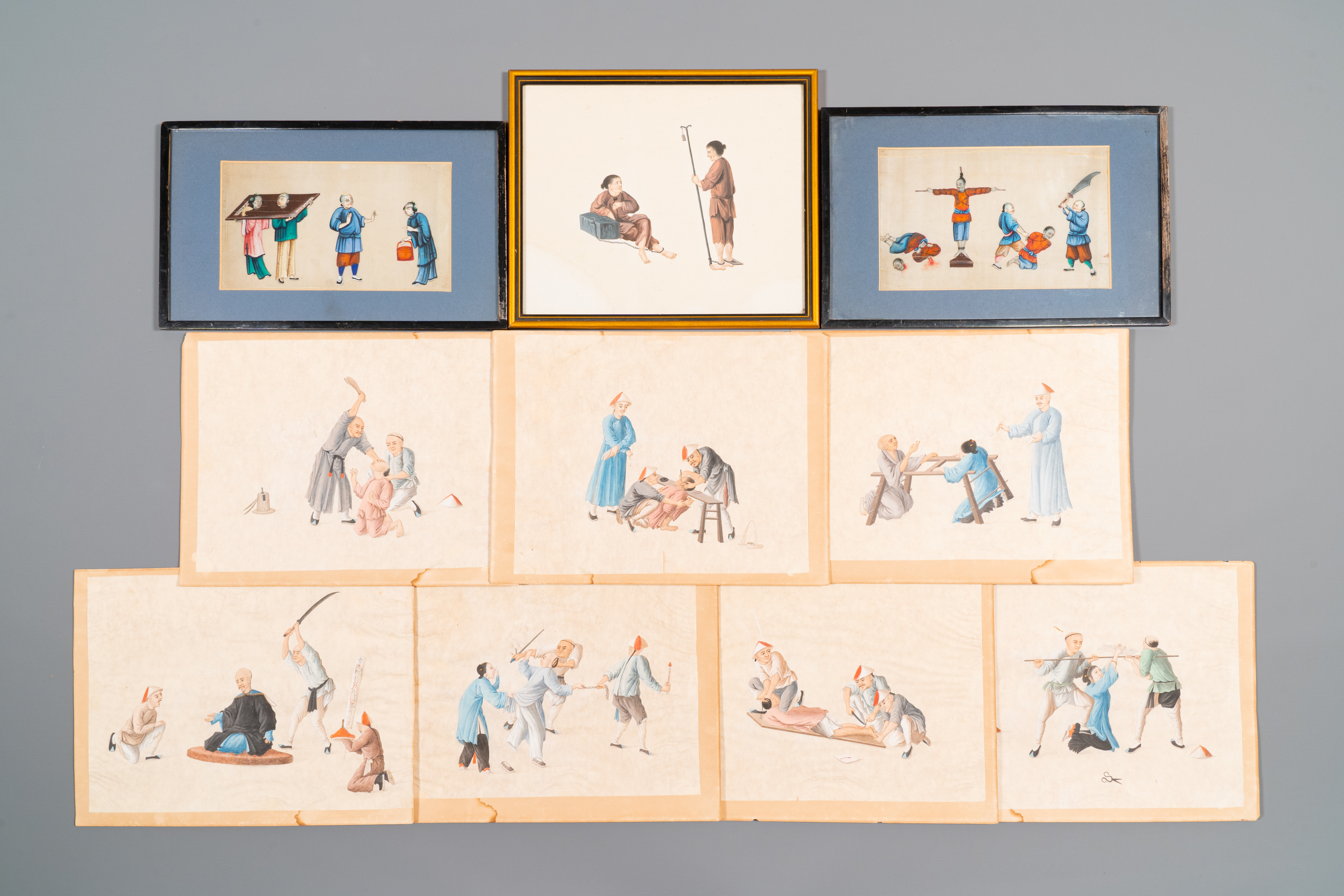 Ten Chinese Canton rice paper paintings of punishments, 19th C.