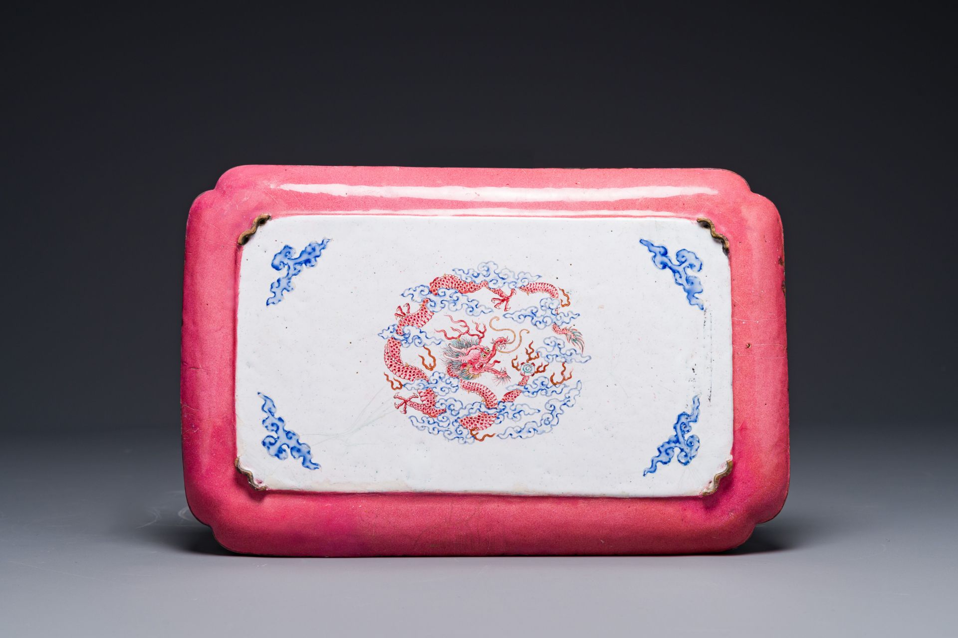 A fine rectangular Chinese Canton enamel ruby-back dish with figural design, Yongzheng - Image 2 of 2