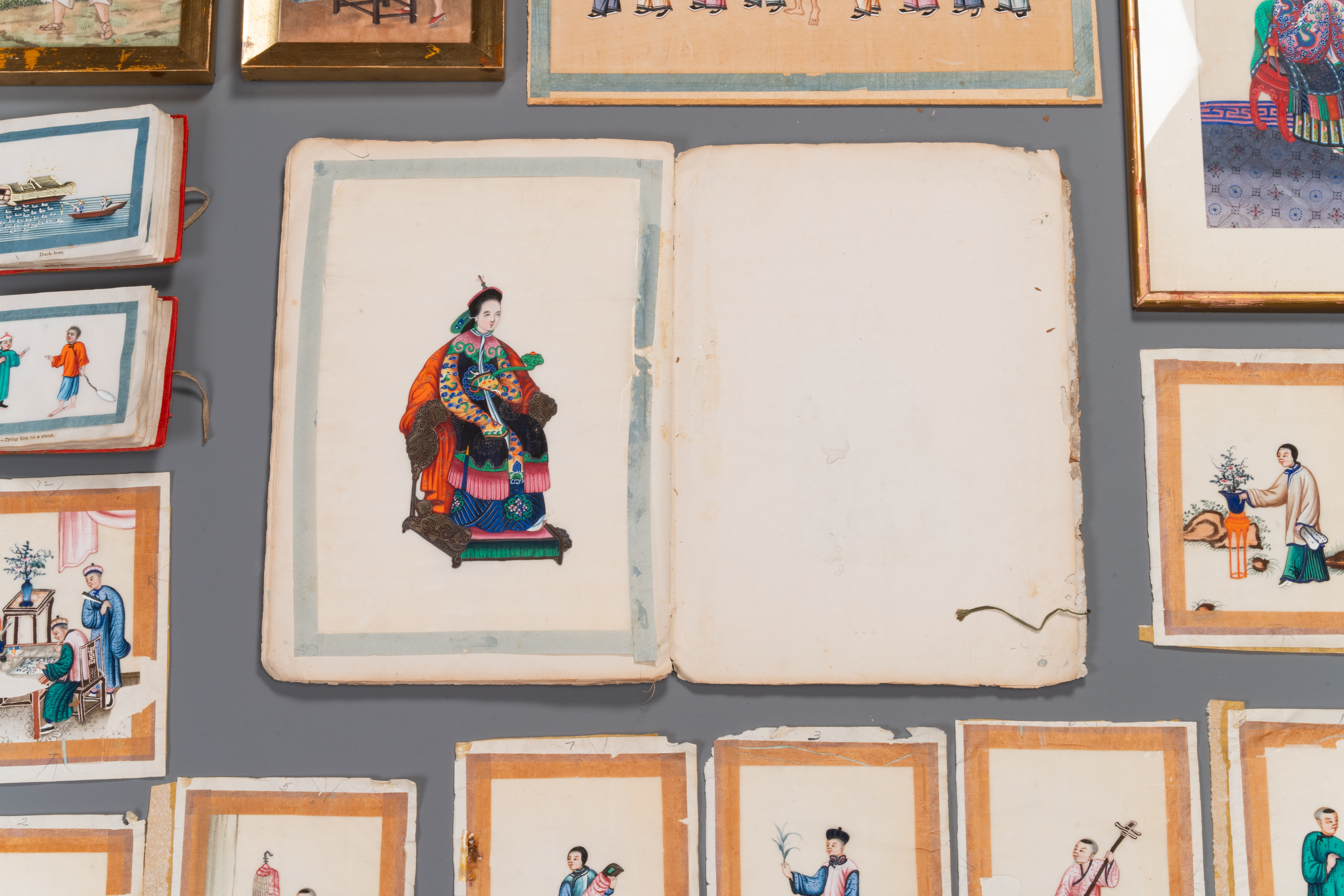 A varied collection of Chinese rice paper paintings with figures, Canton, 19th C. - Image 12 of 13
