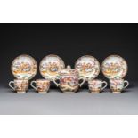 Four Chinese famille rose cups and saucers and a sugar bowl with design of two horses, Qianlong