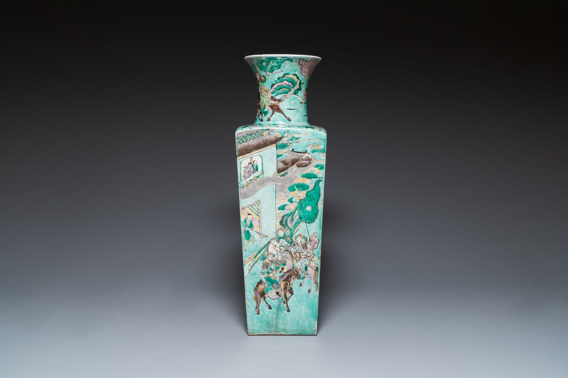 A large Chinese square verte biscuit 'Romance of the Three Kingdoms' vase, 19th C. - Image 3 of 7