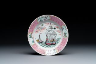 A Chinese famille rose â€˜three-masted barqueâ€™ plate, Yongzheng