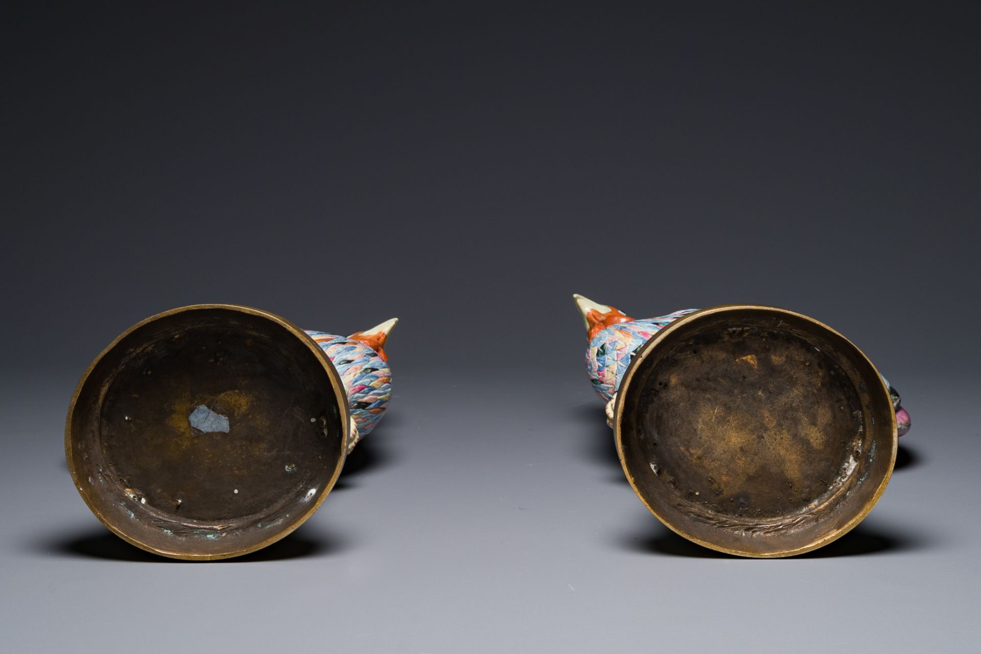 A pair of large Chinese famille rose models of roosters with gilt bronze mounts, Qianlong - Image 5 of 5