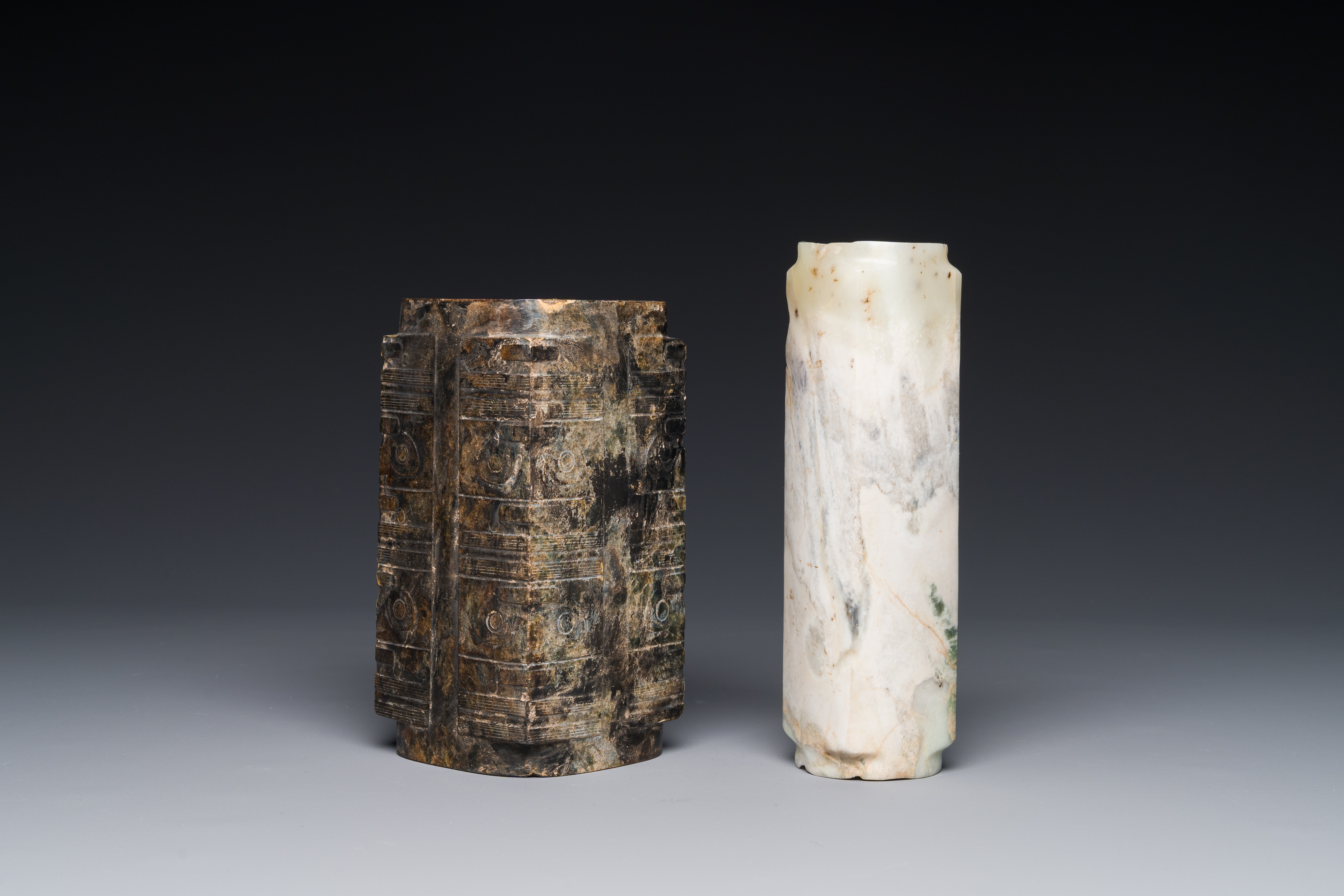 Two Chinese jade ritual 'cong' vases, 2/4th C. B.C.