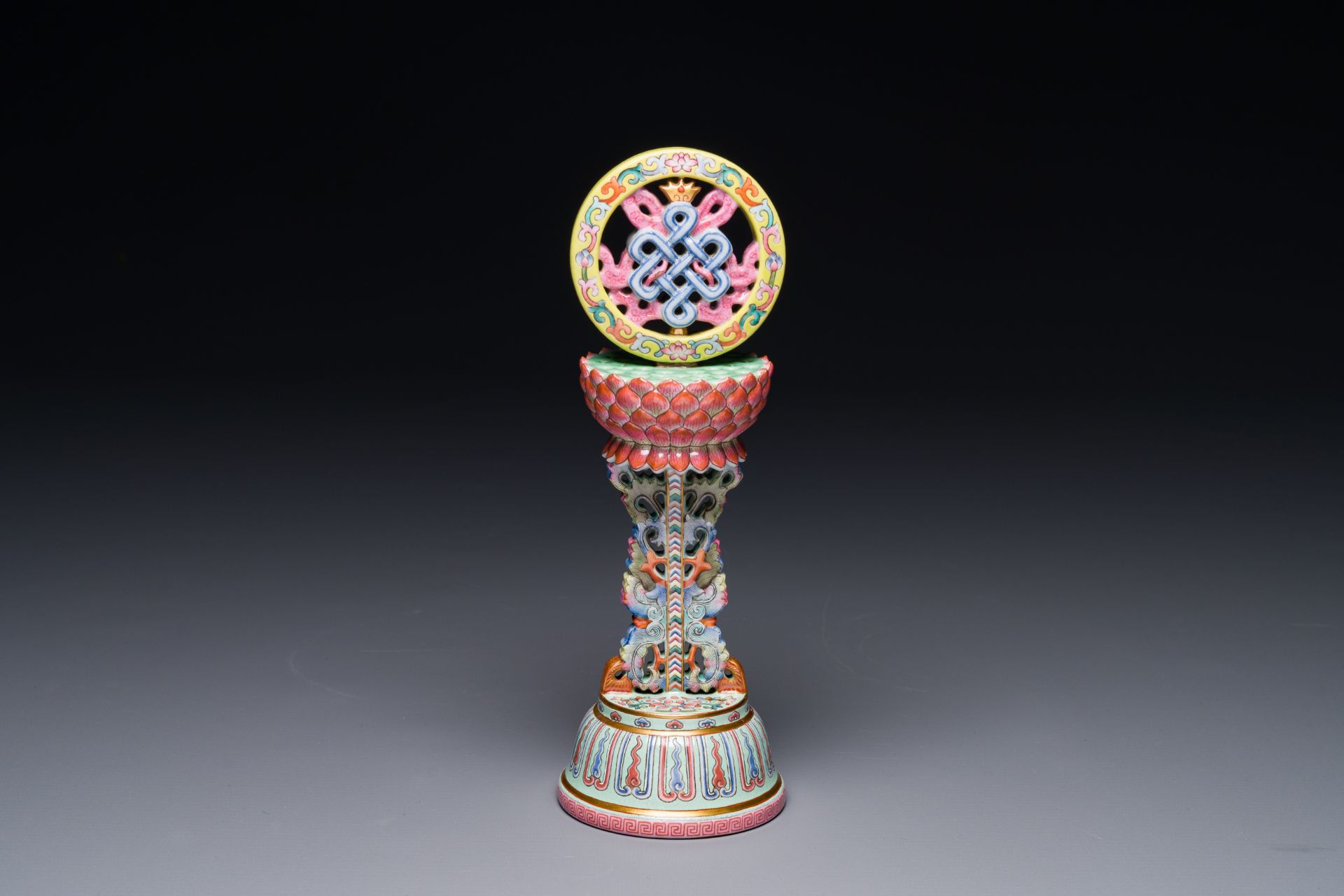 A rare Chinese famille rose Buddhist emblem altar ornament, Qianlong mark and of the period