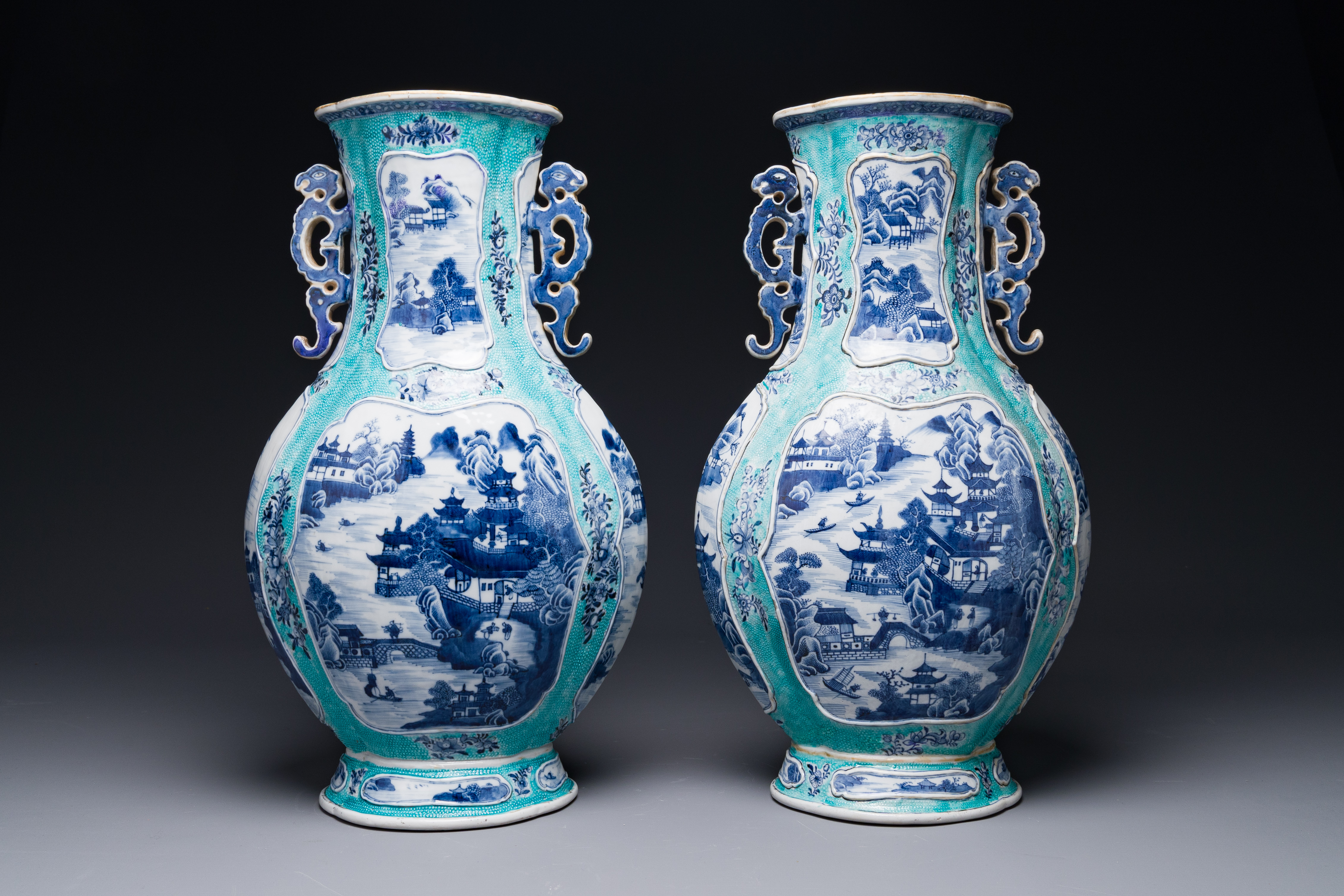 A pair of Chinese turquoise-ground blue and white vases depicting the Whampoa Pagoda and the Pearl R - Image 3 of 6