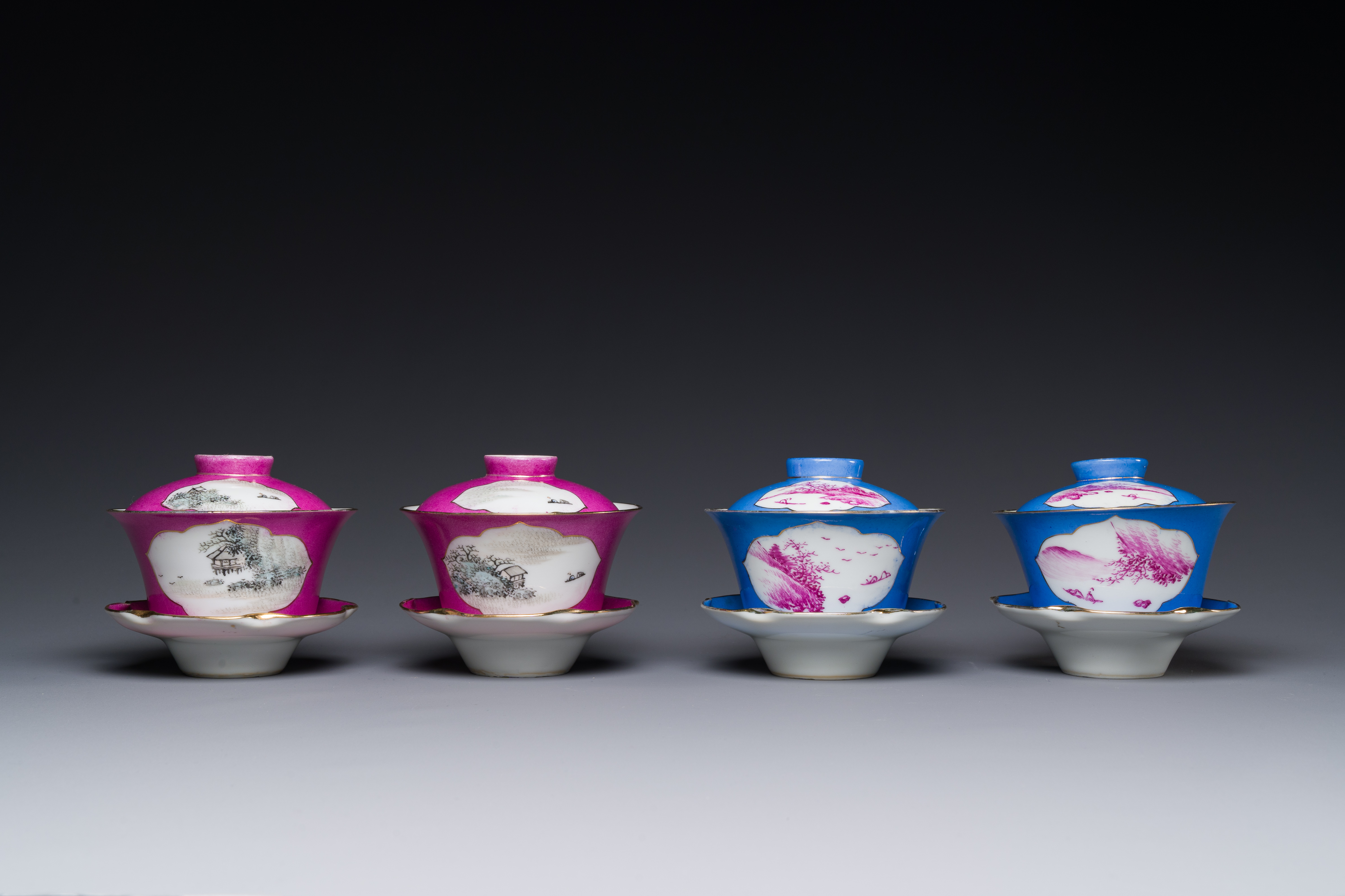 Two pairs of Chinese qianjiang cai covered bowls and saucers, Lin Lu å²ºç›§ signed, 19/20th C. - Image 2 of 6
