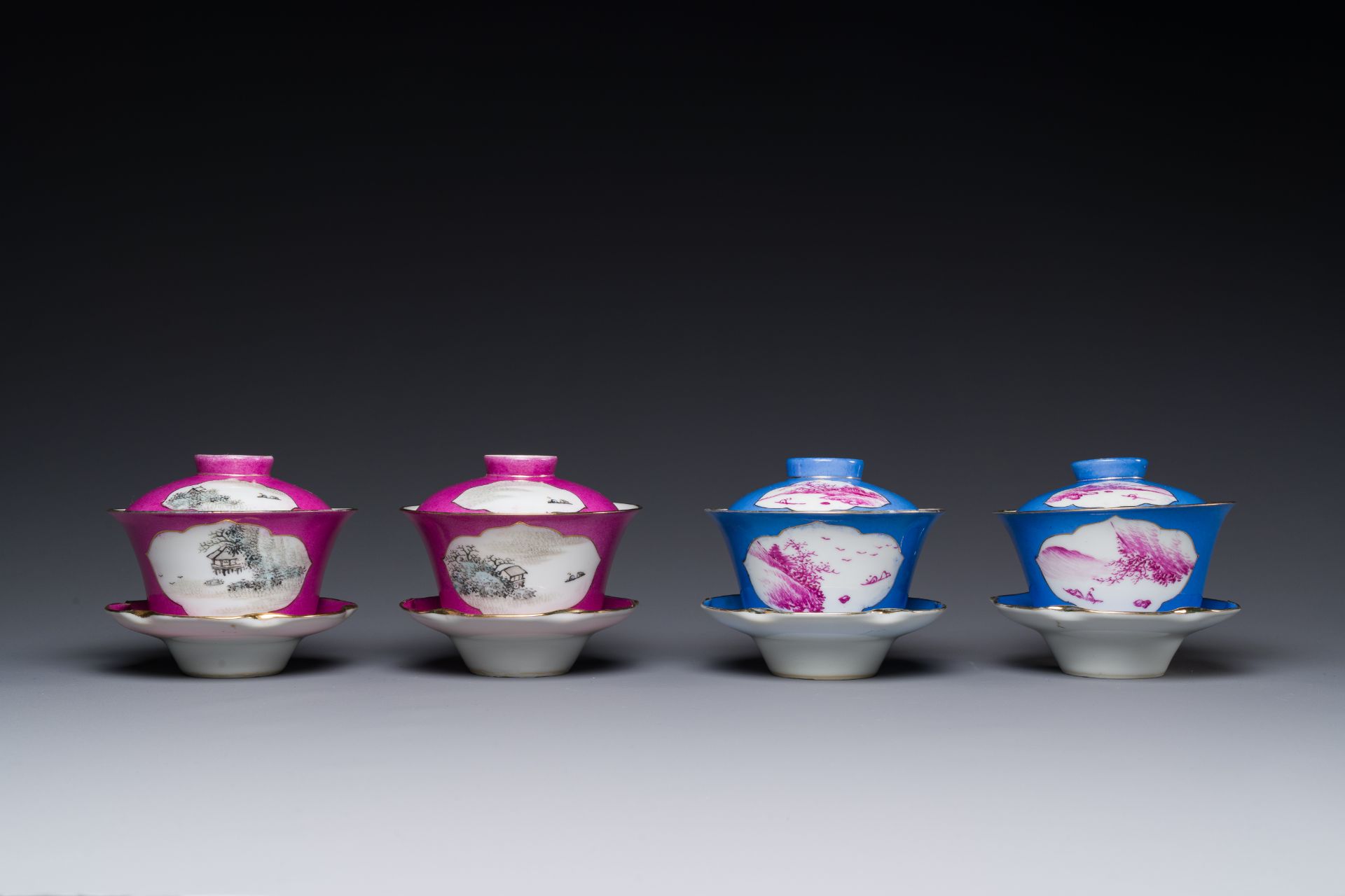 Two pairs of Chinese qianjiang cai covered bowls and saucers, Lin Lu å²ºç›§ signed, 19/20th C. - Bild 2 aus 6