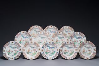 12 Chinese famille rose plates with landscape design, Qianlong