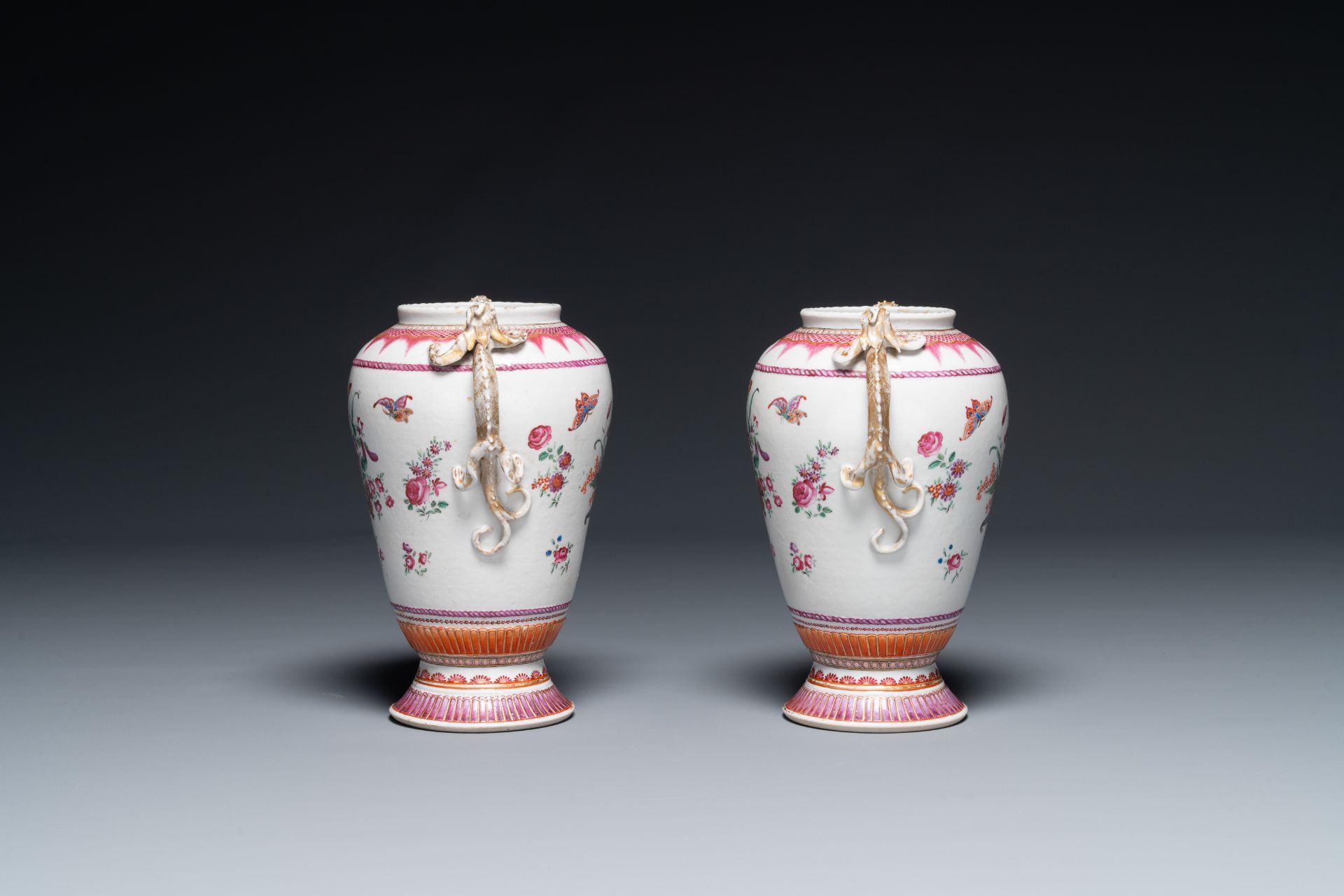 A pair of Chinese famille rose 'cornucopia' vases with chilong handles, Qianlong - Image 4 of 6