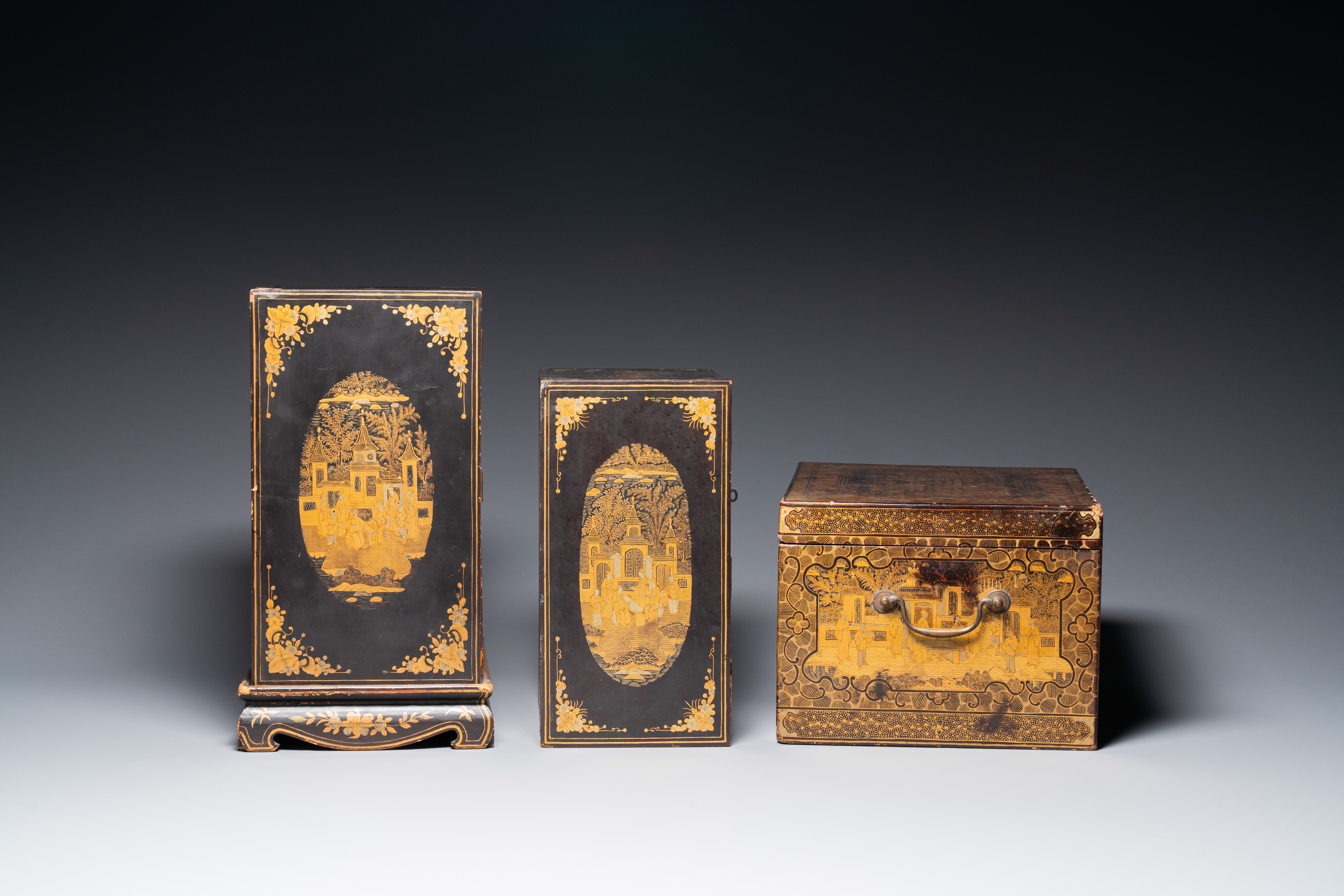 Two Chinese Canton gilt black lacquer miniature cabinets and a box, 19th C. - Image 3 of 10