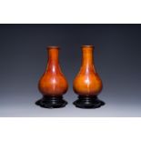 A pair of Chinese Foochow lacquer 'bamboo' vases, 19/20th C.