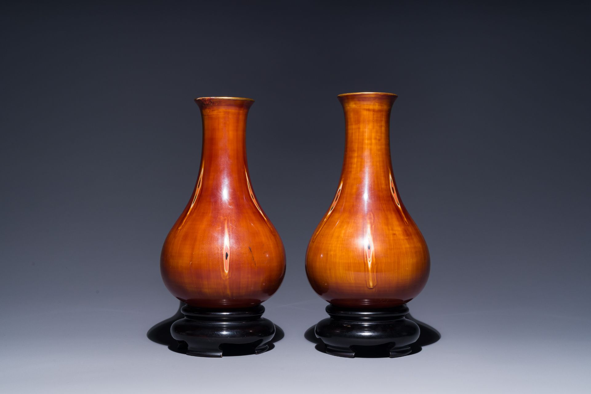 A pair of Chinese Foochow lacquer 'bamboo' vases, 19/20th C.