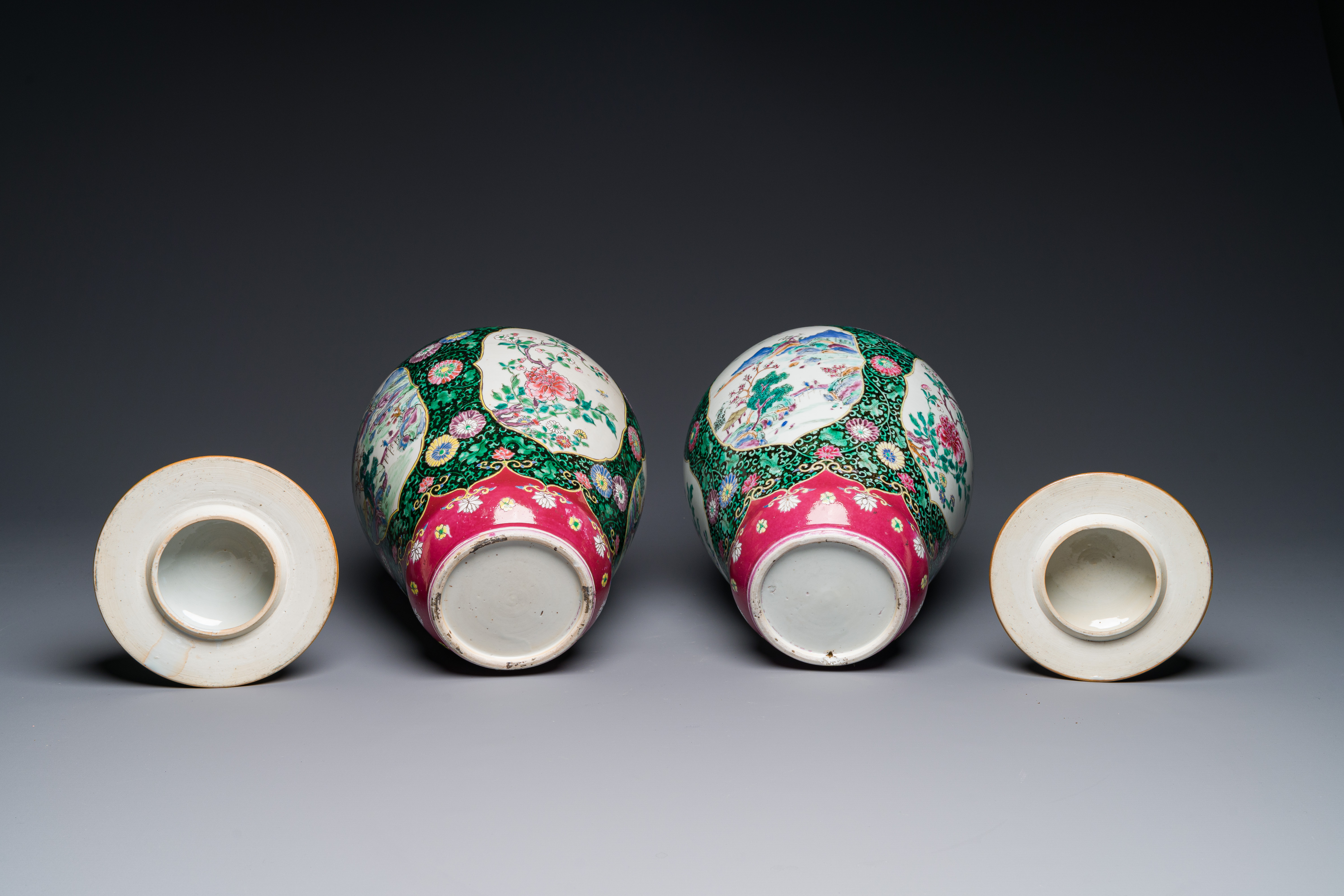 A pair of Chinese famille rose black-ground jars and covers with mountainous landscape design, Yongz - Image 6 of 6